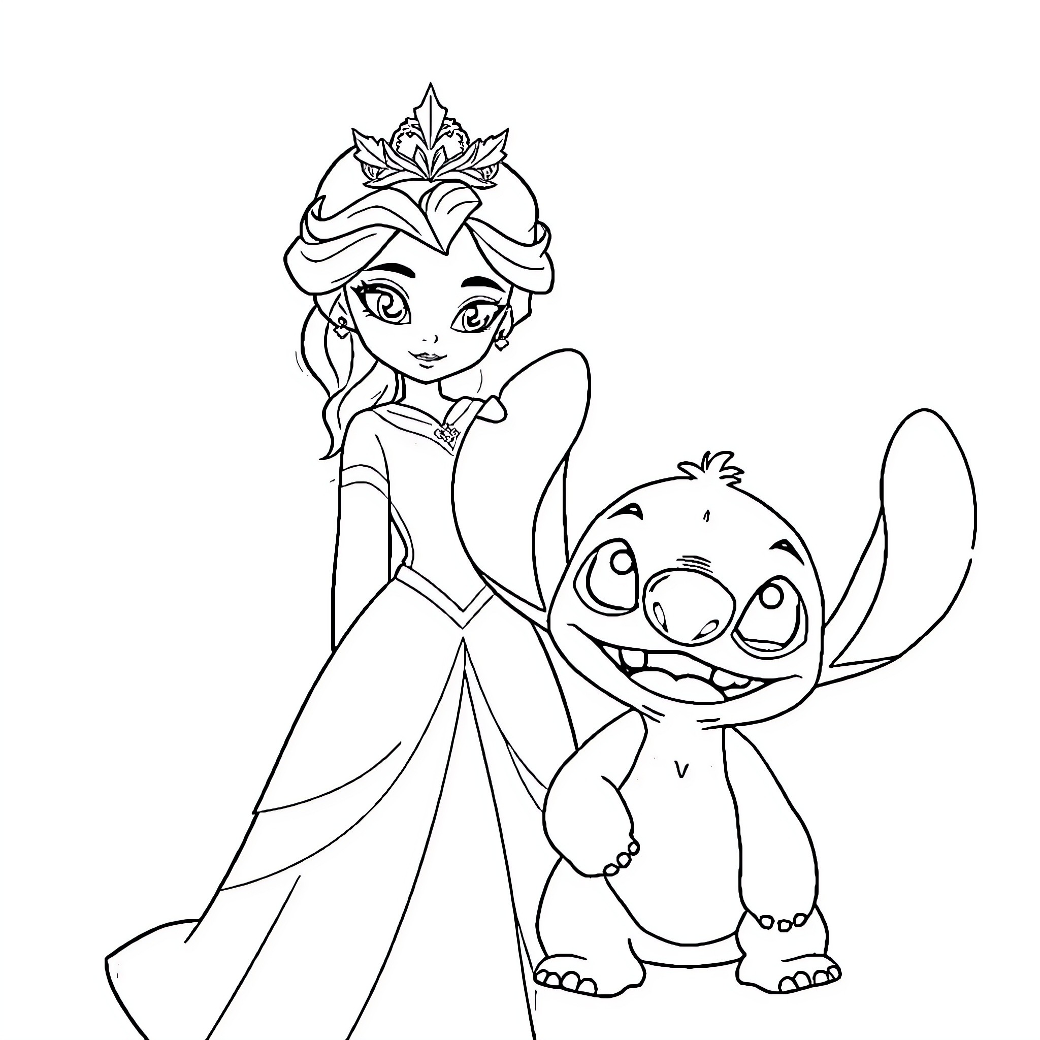 Snow Queen and her Loyal Companion Coloring Page (free black-and-white line drawing printable PDF for all, from beginners to advanced learners, including children, teens, adults, and seniors)