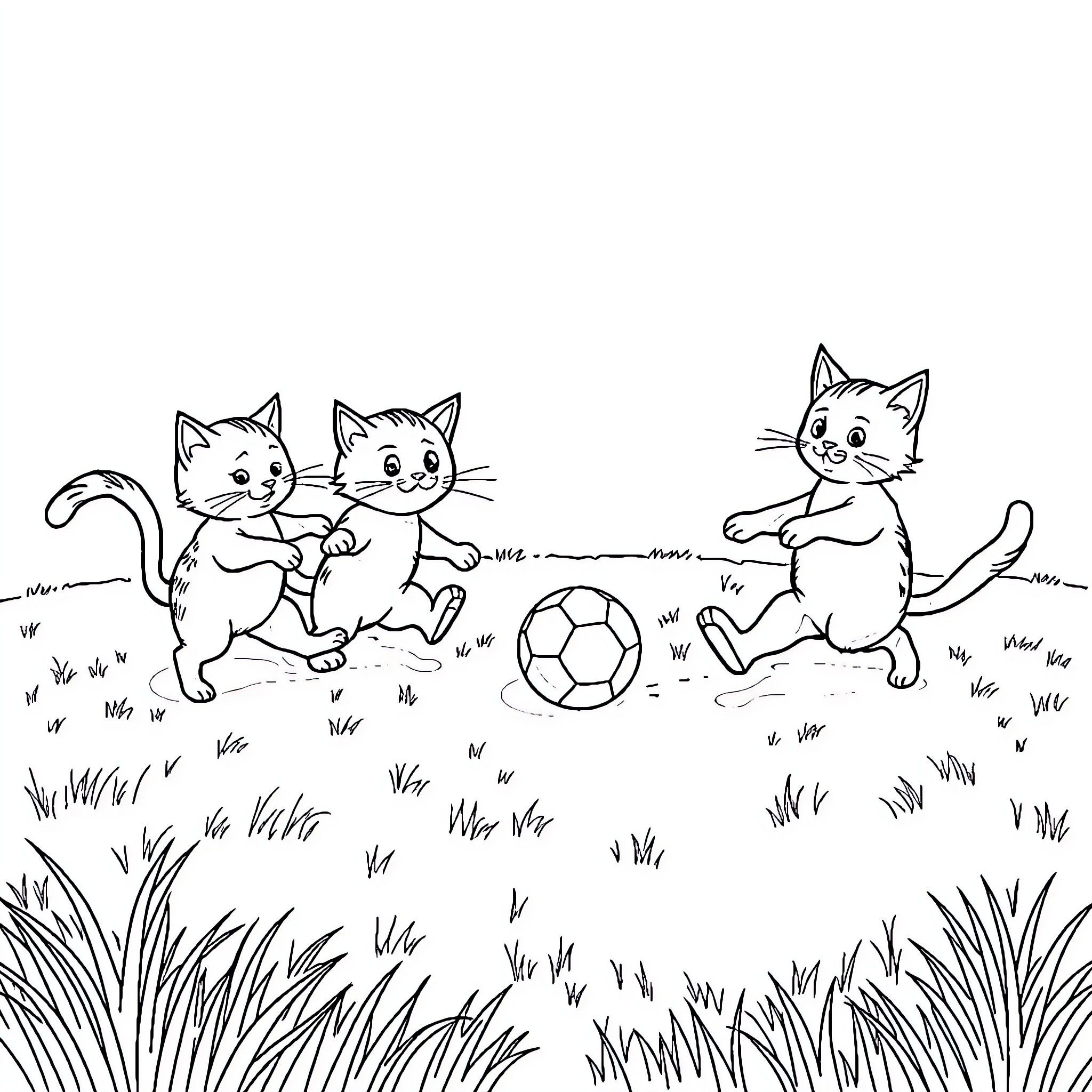 Cats playing with a soccer ball in the grass Coloring Page (free black-and-white line drawing printable PDF for all, from beginners to advanced learners, including children, teens, adults, and seniors)