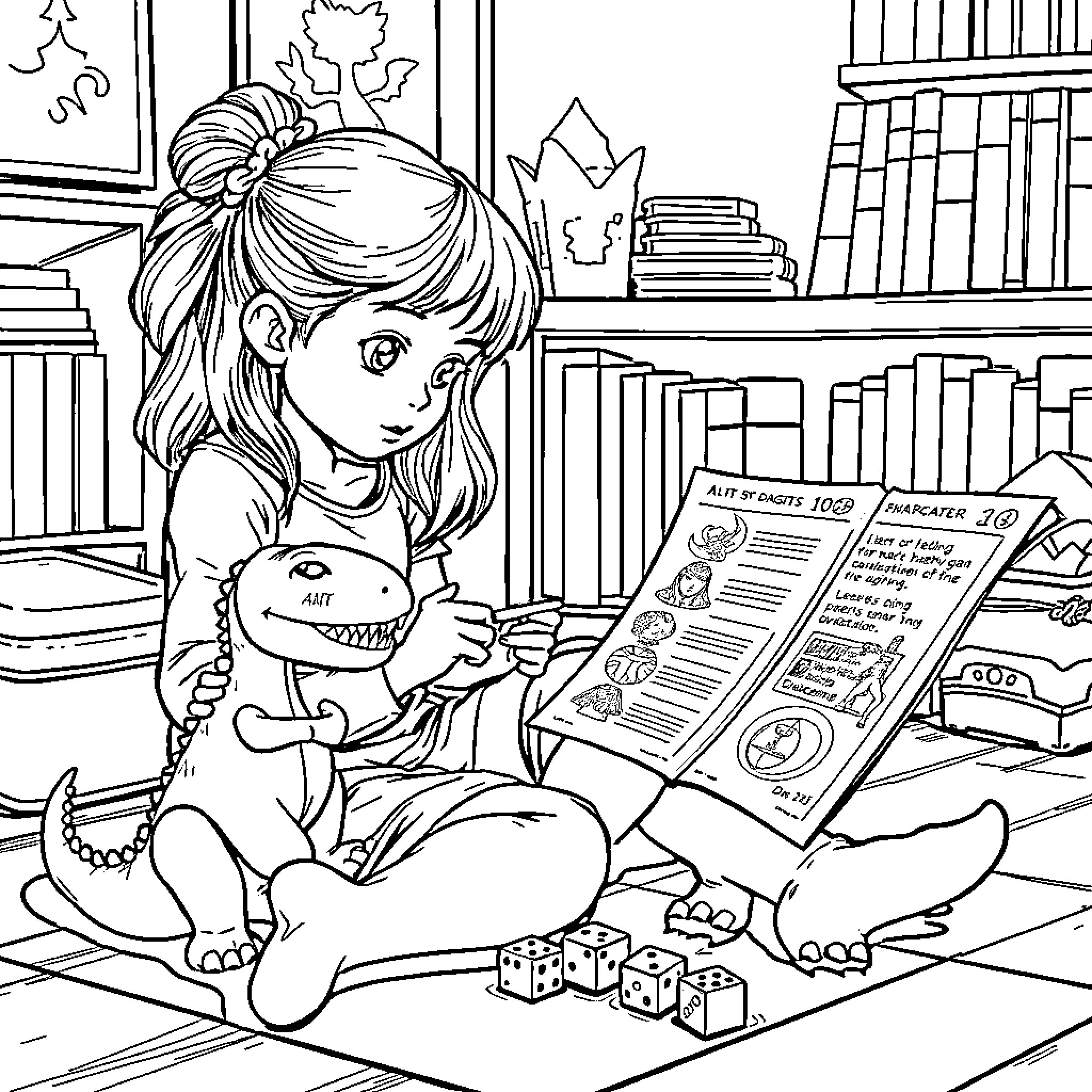 Girl reading book in library with toys Coloring Page (free black-and-white line drawing printable PDF for all, from beginners to advanced learners, including children, teens, adults, and seniors)