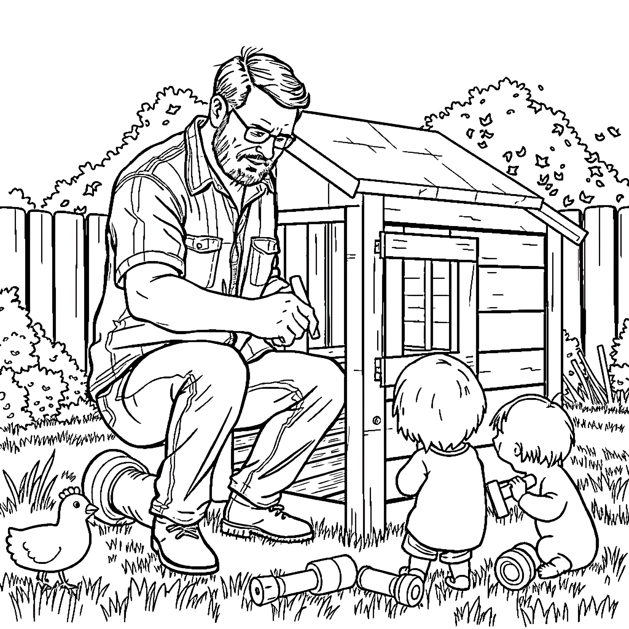 Man relaxing in the garden with pets Coloring Page (free black-and-white line drawing printable PDF for all, from beginners to advanced learners, including children, teens, adults, and seniors)
