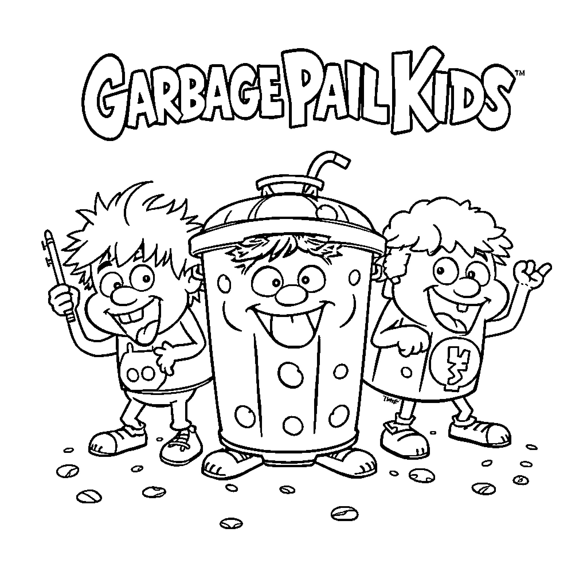 Garbage Pail Kids messing around with trash can Coloring Page (free black-and-white line drawing printable PDF for all, from beginners to advanced learners, including children, teens, adults, and seniors)