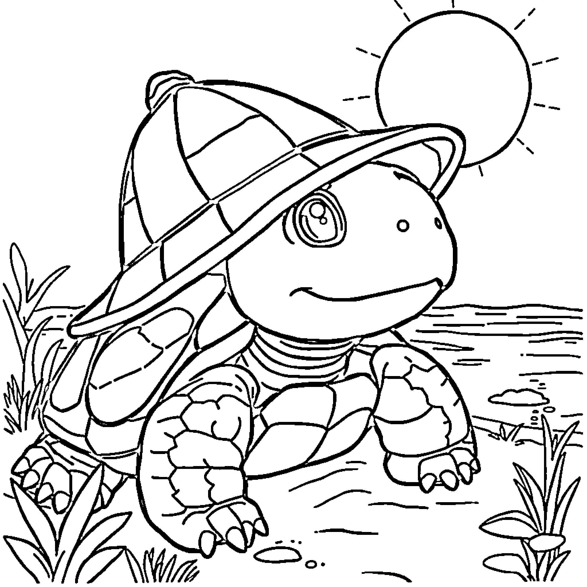 Turtle exploring the sunny outdoors Coloring Page (free black-and-white line drawing printable PDF for all, from beginners to advanced learners, including children, teens, adults, and seniors)