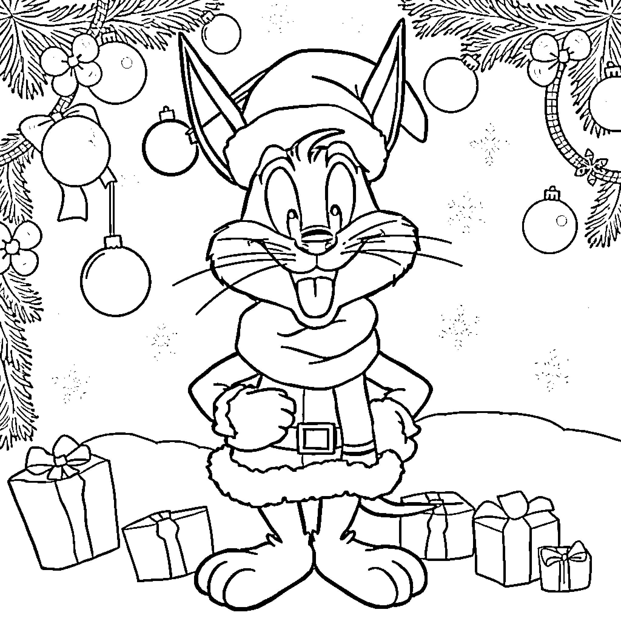 Taz in Christmas Wonderland Coloring Page (free black-and-white line drawing printable PDF for all, from beginners to advanced learners, including children, teens, adults, and seniors)