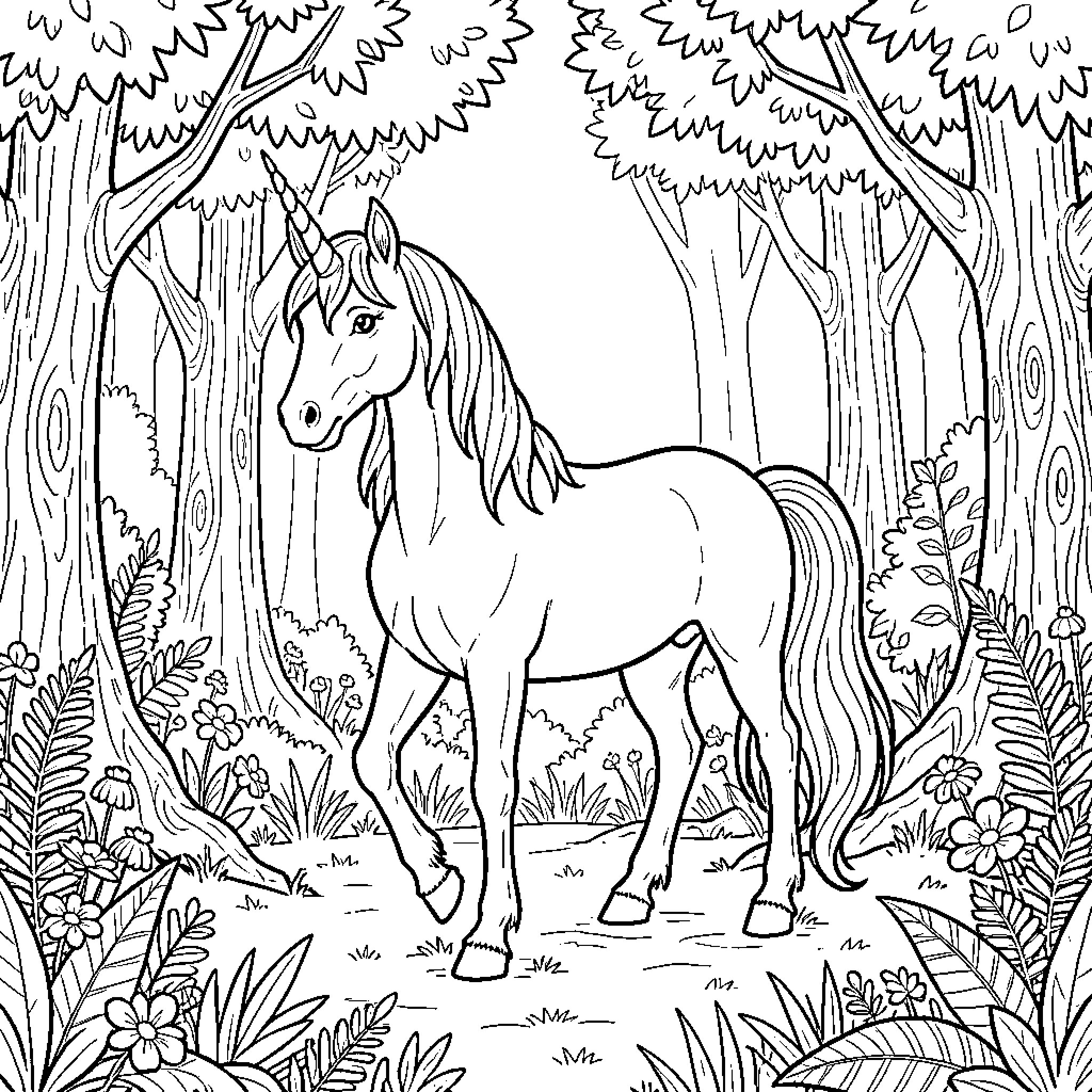 Unicorn standing peacefully in a lush forest Coloring Page (free black-and-white line drawing printable PDF for all, from beginners to advanced learners, including children, teens, adults, and seniors)