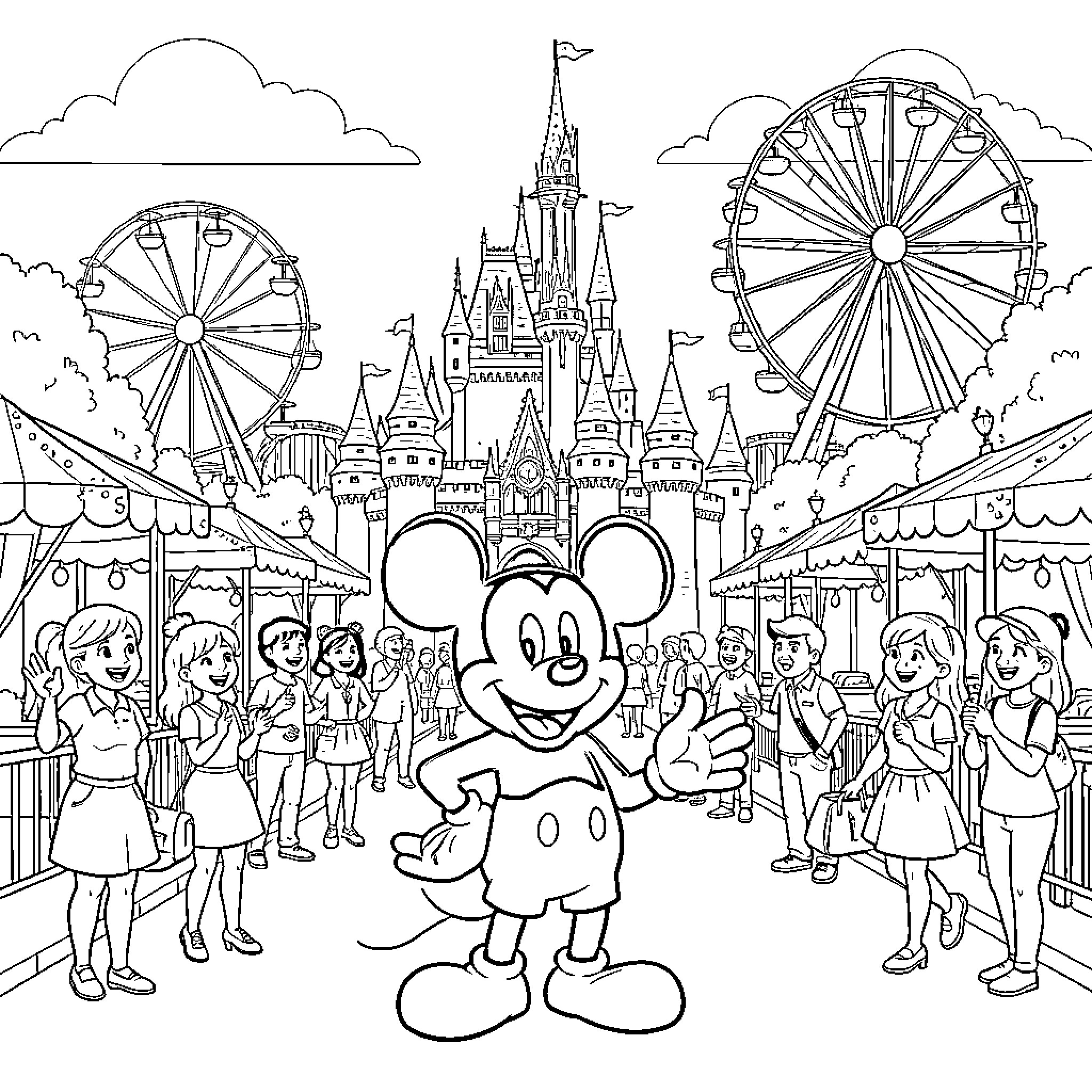 Mickey Mouse waving in front of a theme park Coloring Page (free black-and-white line drawing printable PDF for all, from beginners to advanced learners, including children, teens, adults, and seniors)