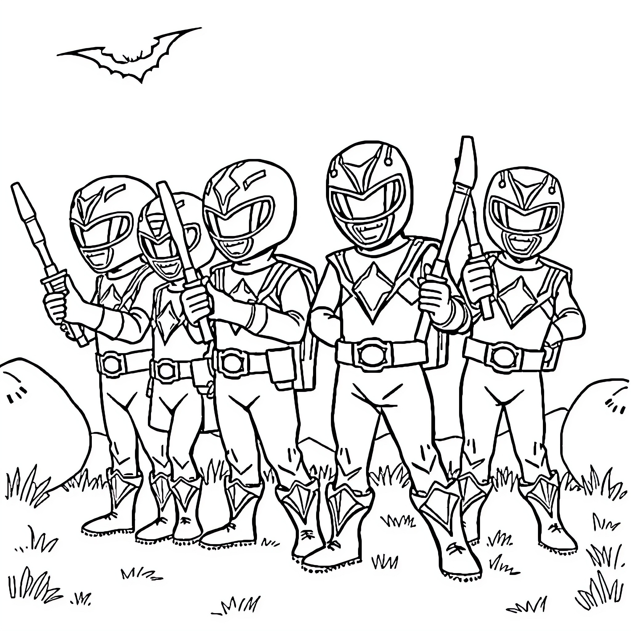 Power Rangers in Action Pose with Weapons Coloring Page (free black-and-white line drawing printable PDF for all, from beginners to advanced learners, including children, teens, adults, and seniors)