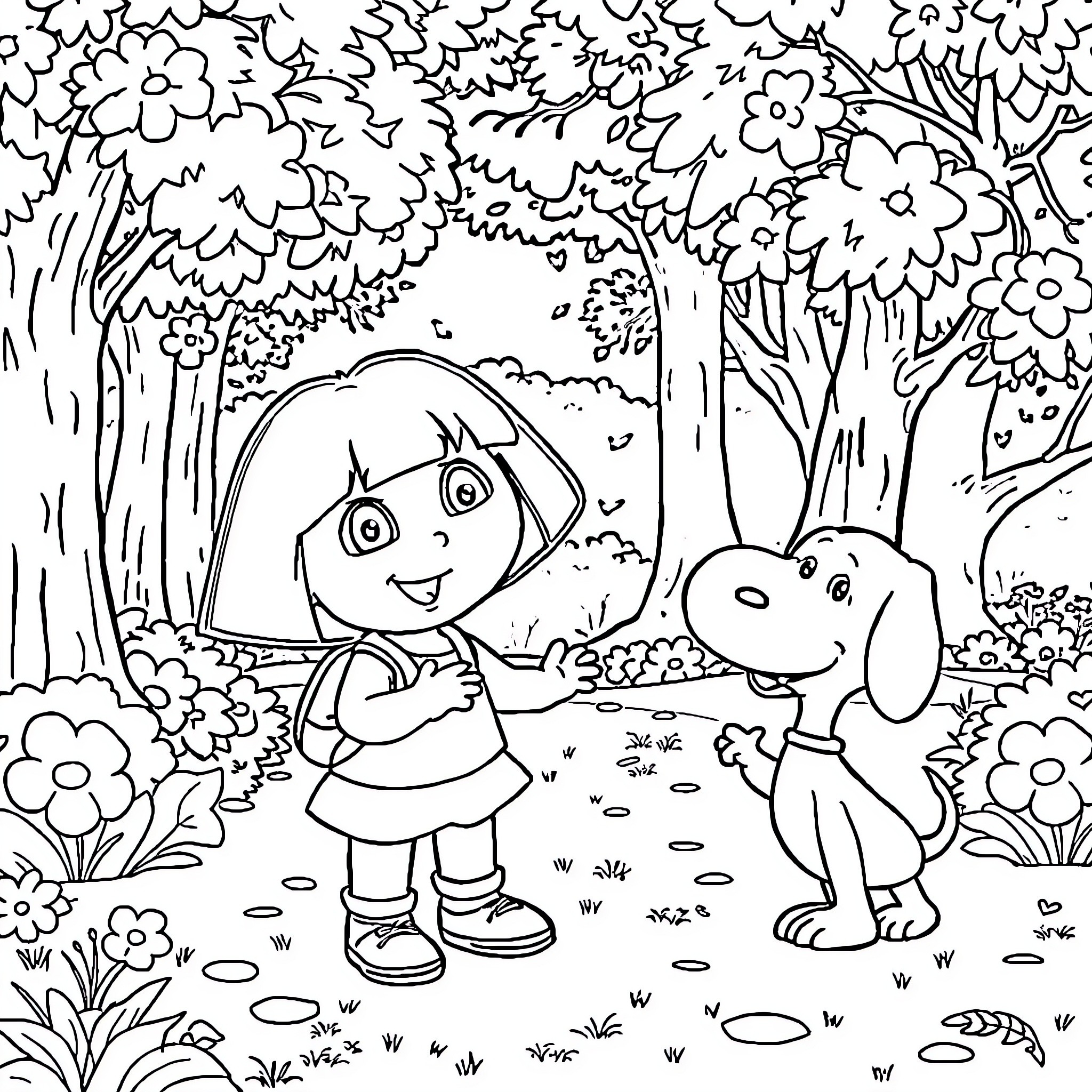 Dora and her pet dog exploring the forest Coloring Page (free black-and-white line drawing printable PDF for all, from beginners to advanced learners, including children, teens, adults, and seniors)