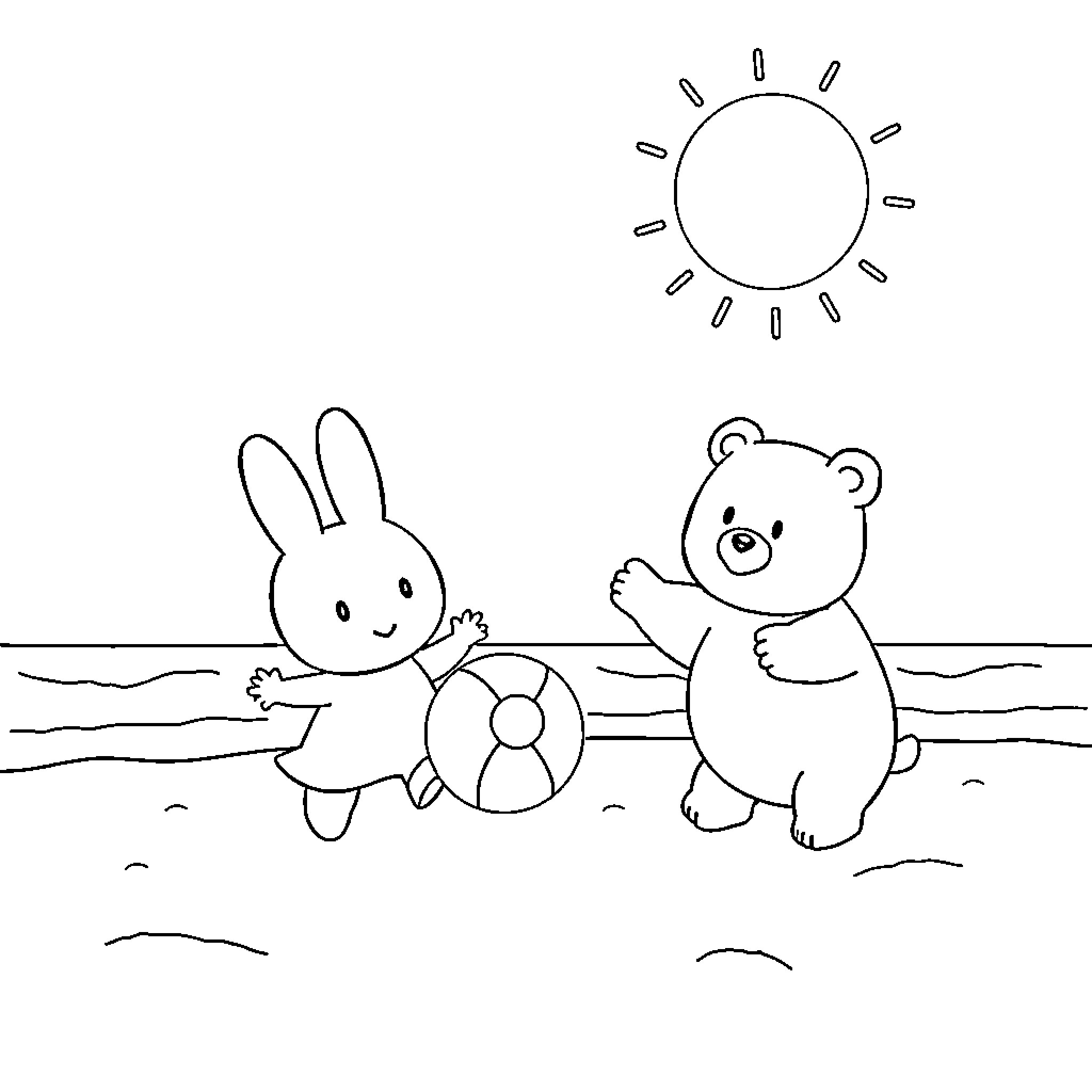 Miffy and Bear Play in the Sun Coloring Page (free black-and-white line drawing printable PDF for all, from beginners to advanced learners, including children, teens, adults, and seniors)