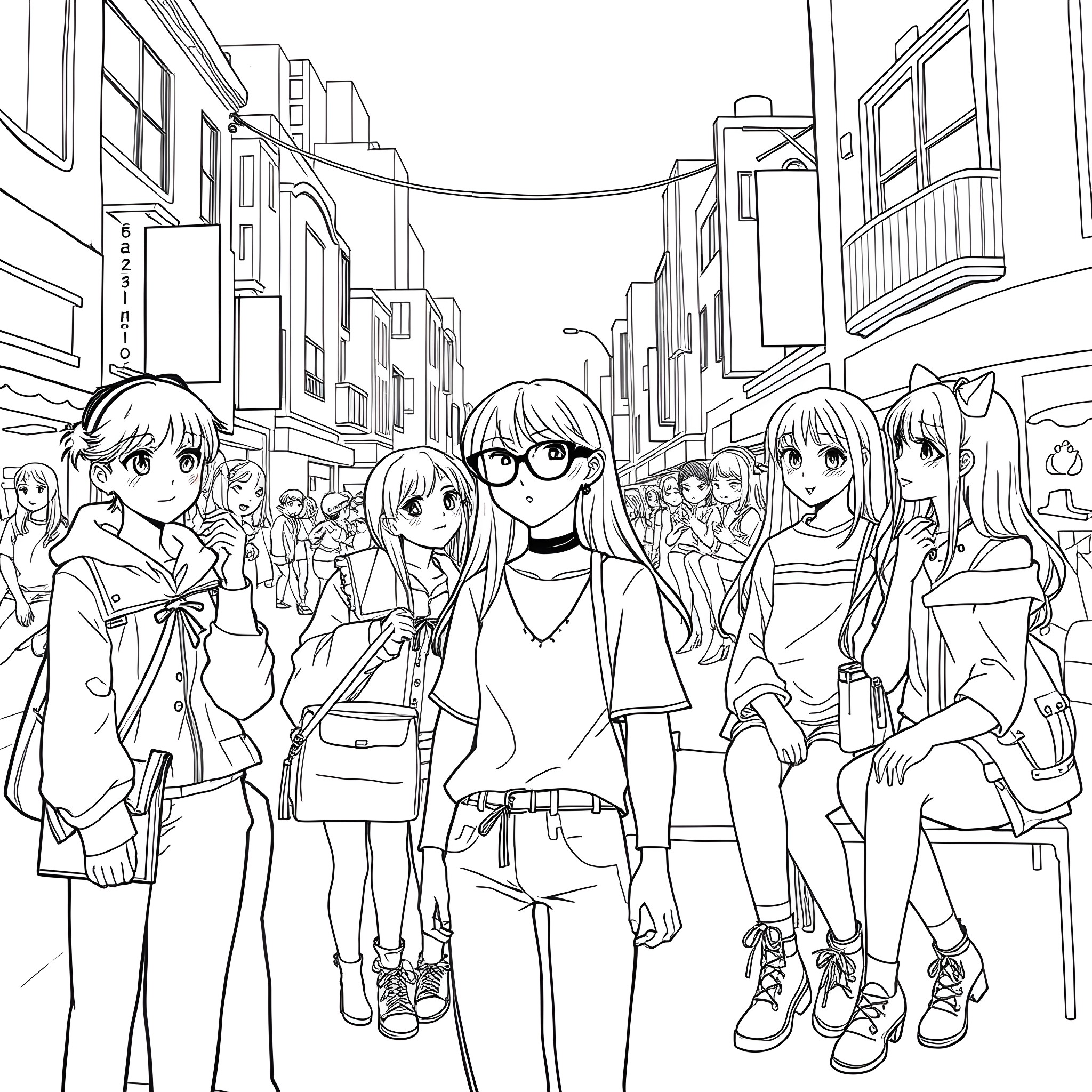 Emo Teens Exploring the City Streets Coloring Page (free black-and-white line drawing printable PDF for all, from beginners to advanced learners, including children, teens, adults, and seniors)