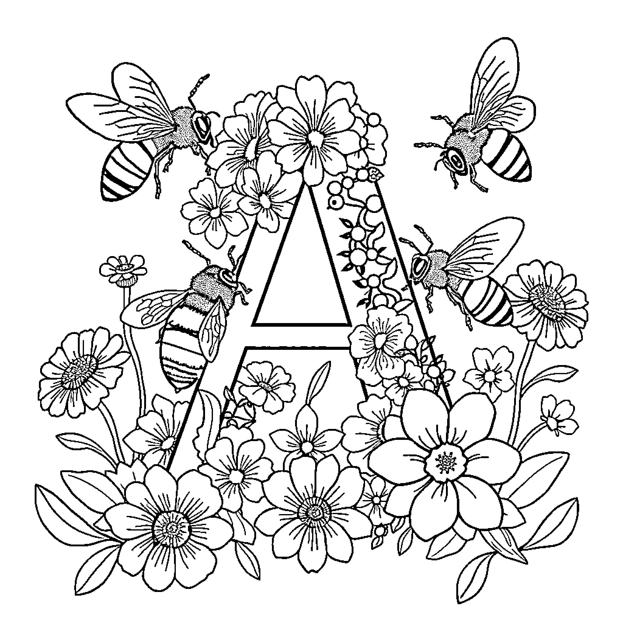 Bee-utiful Blooms and Buzzing Bees Coloring Page (free black-and-white line drawing printable PDF for all, from beginners to advanced learners, including children, teens, adults, and seniors)