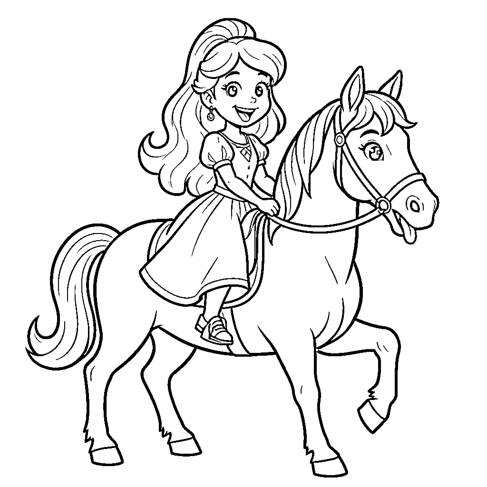 Rapunzel riding a horse with a joyful expression Coloring Page (free black-and-white line drawing printable PDF for all, from beginners to advanced learners, including children, teens, adults, and seniors)