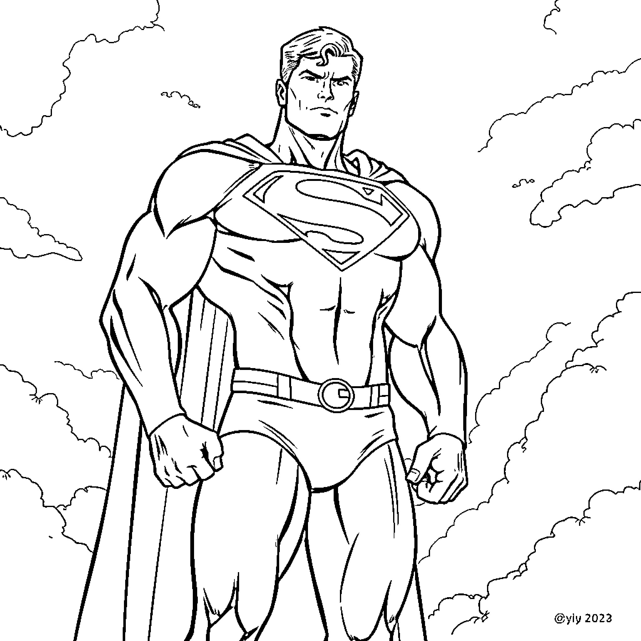 Superman in heroic pose against cloudy backdrop Coloring Page (free black-and-white line drawing printable PDF for all, from beginners to advanced learners, including children, teens, adults, and seniors)