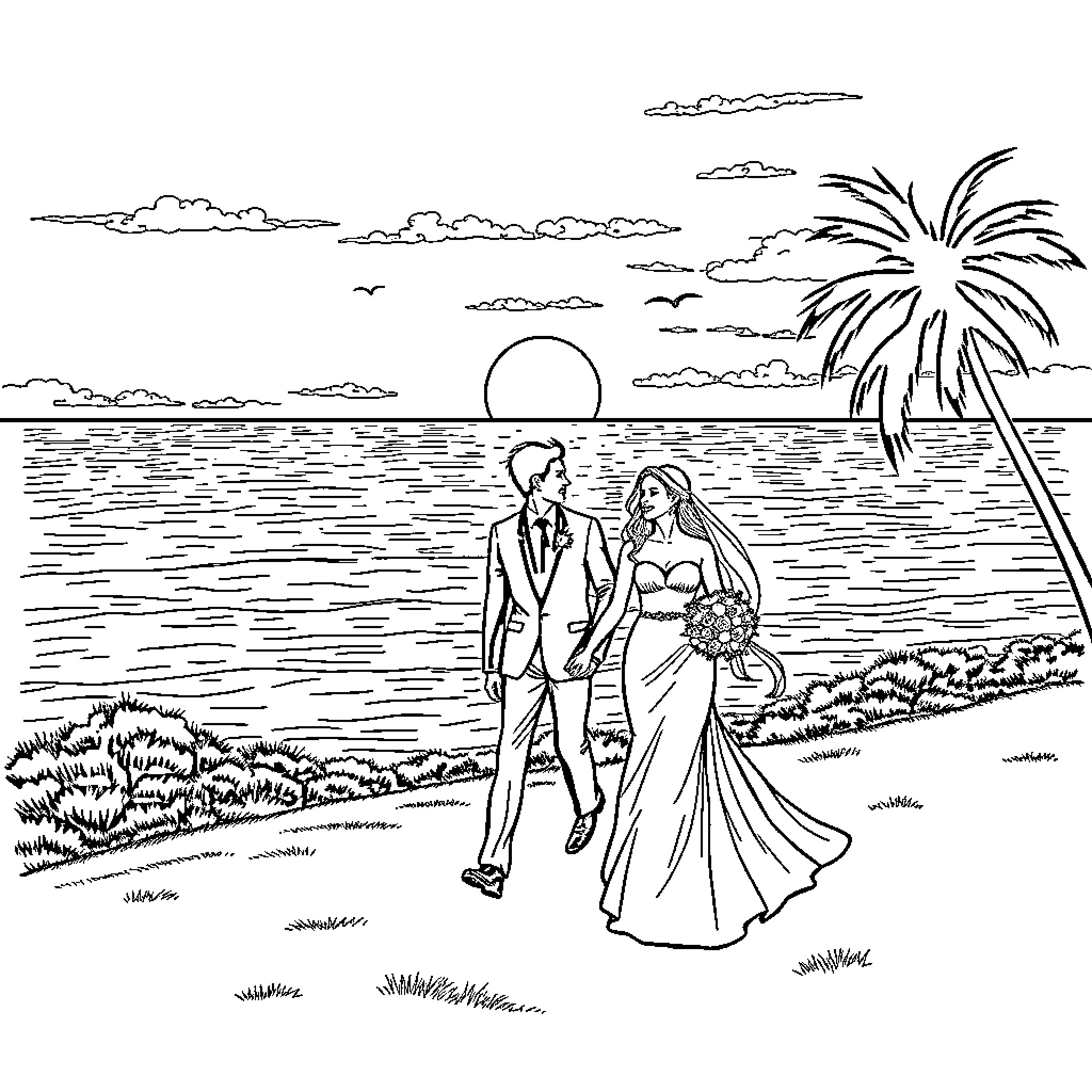 Wedding Couple Walking on Beach at Sunset Coloring Page (free black-and-white line drawing printable PDF for all, from beginners to advanced learners, including children, teens, adults, and seniors)