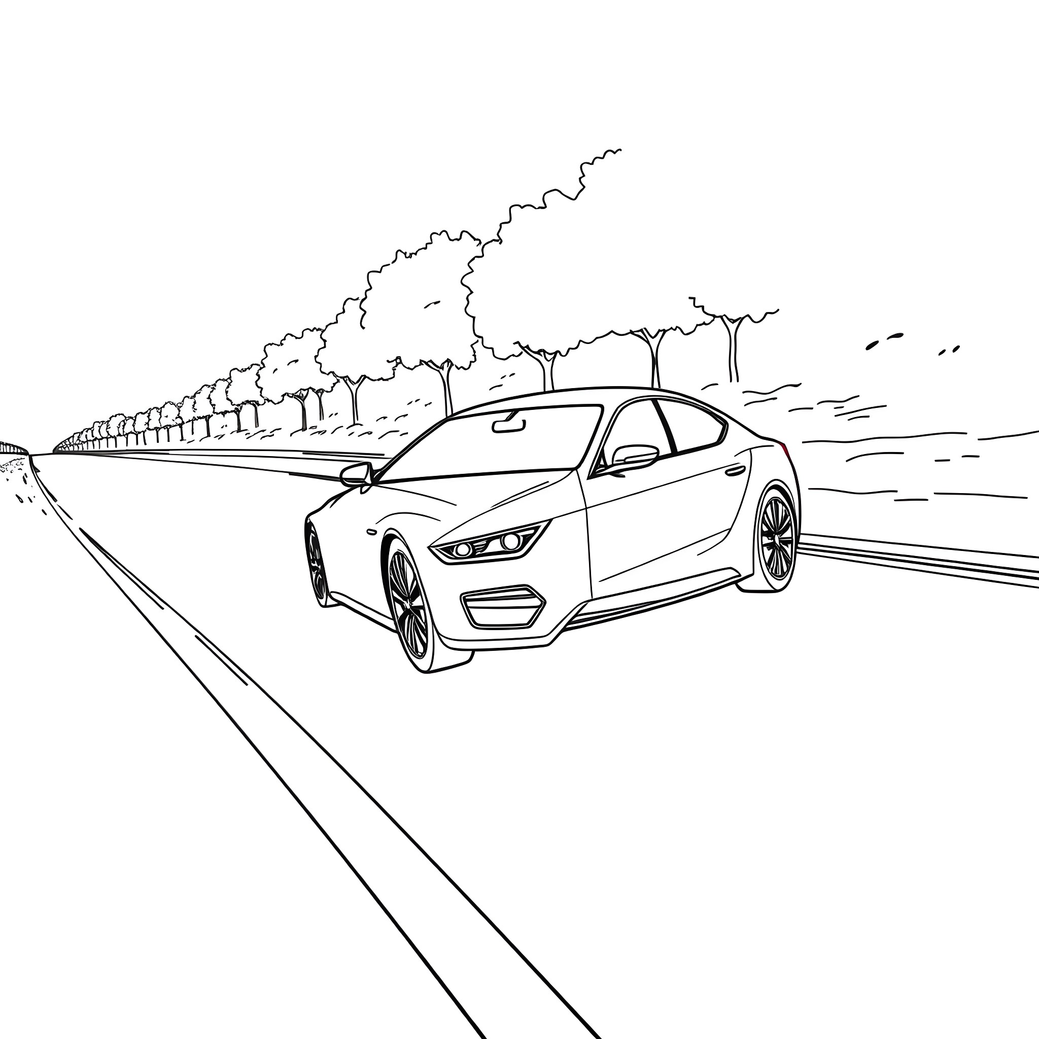 Car driving swiftly on the highway Coloring Page (free black-and-white line drawing printable PDF for all, from beginners to advanced learners, including children, teens, adults, and seniors)