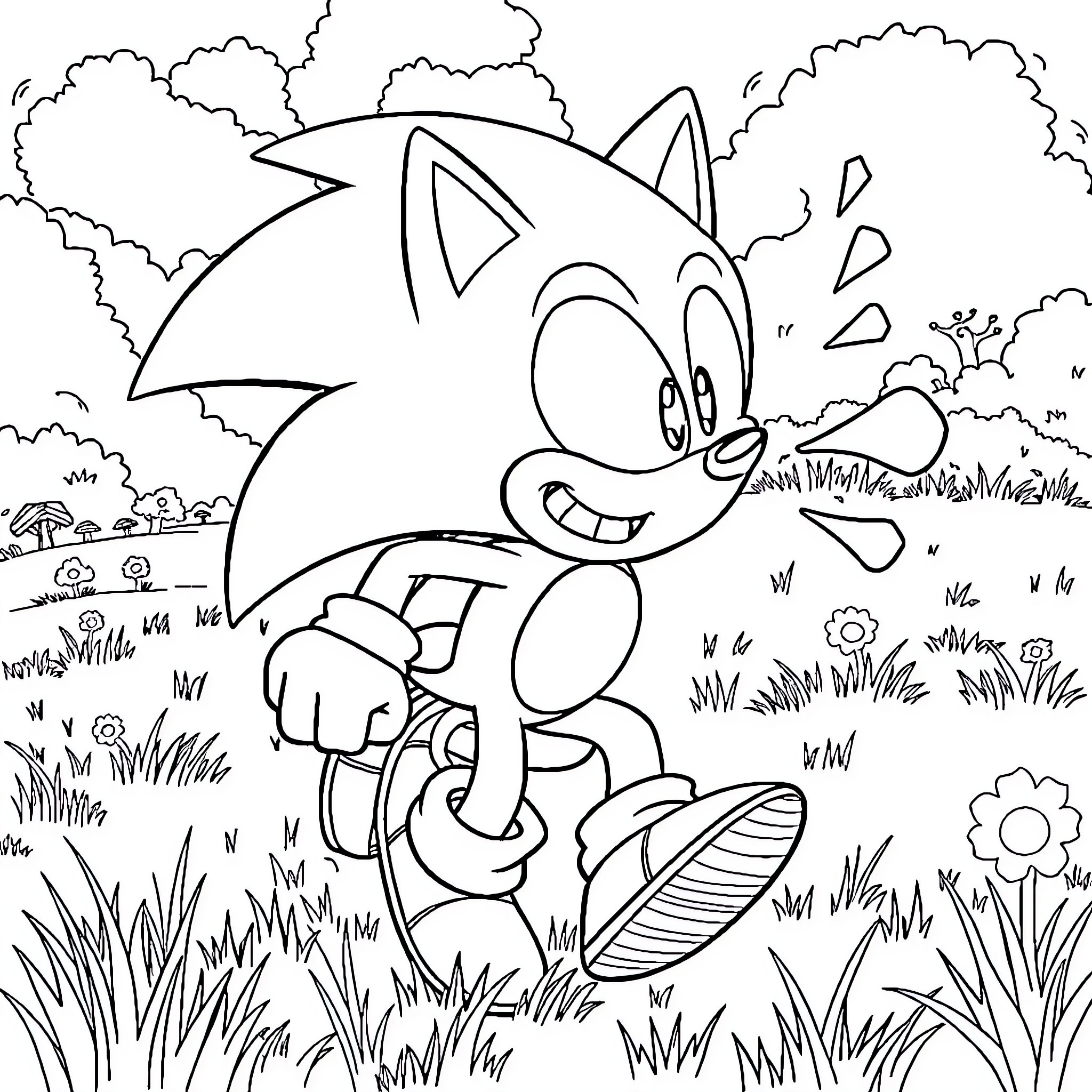 Sonic in a playful outdoor adventure Coloring Page (free black-and-white line drawing printable PDF for all, from beginners to advanced learners, including children, teens, adults, and seniors)