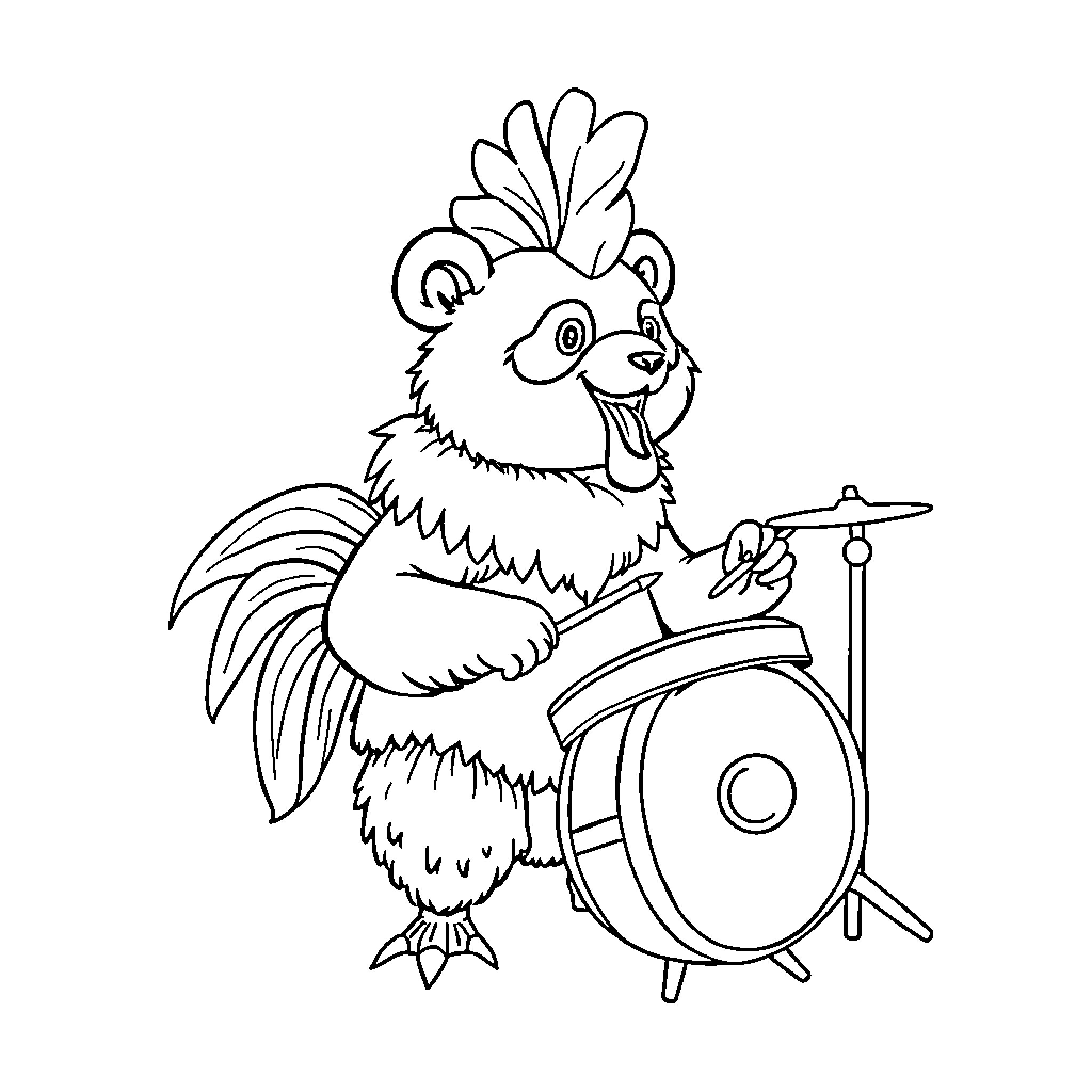 Panda drummer performing on stage Coloring Page (free black-and-white line drawing printable PDF for all, from beginners to advanced learners, including children, teens, adults, and seniors)