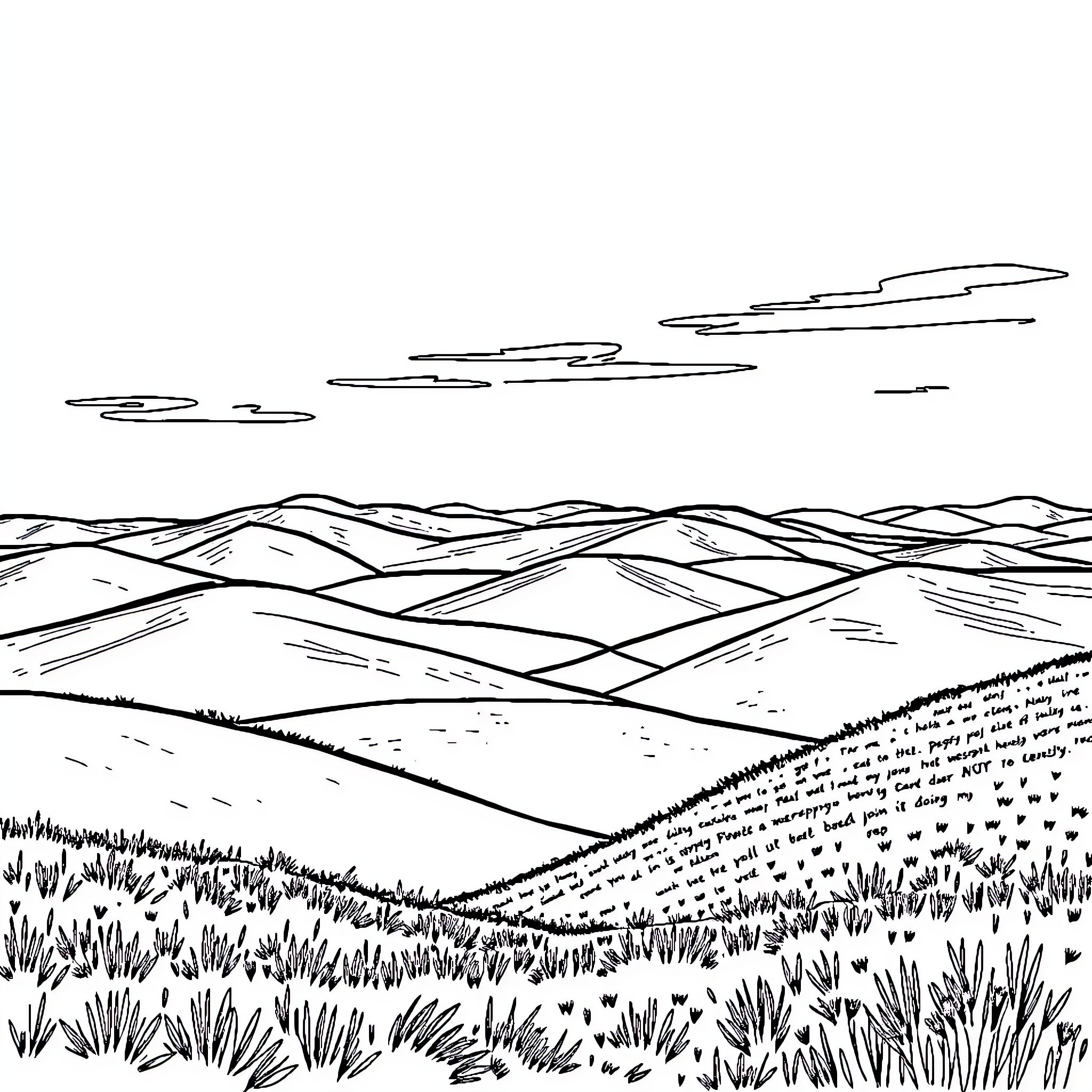 Landscape of rolling hills and mountains Coloring Page (free black-and-white line drawing printable PDF for all, from beginners to advanced learners, including children, teens, adults, and seniors)