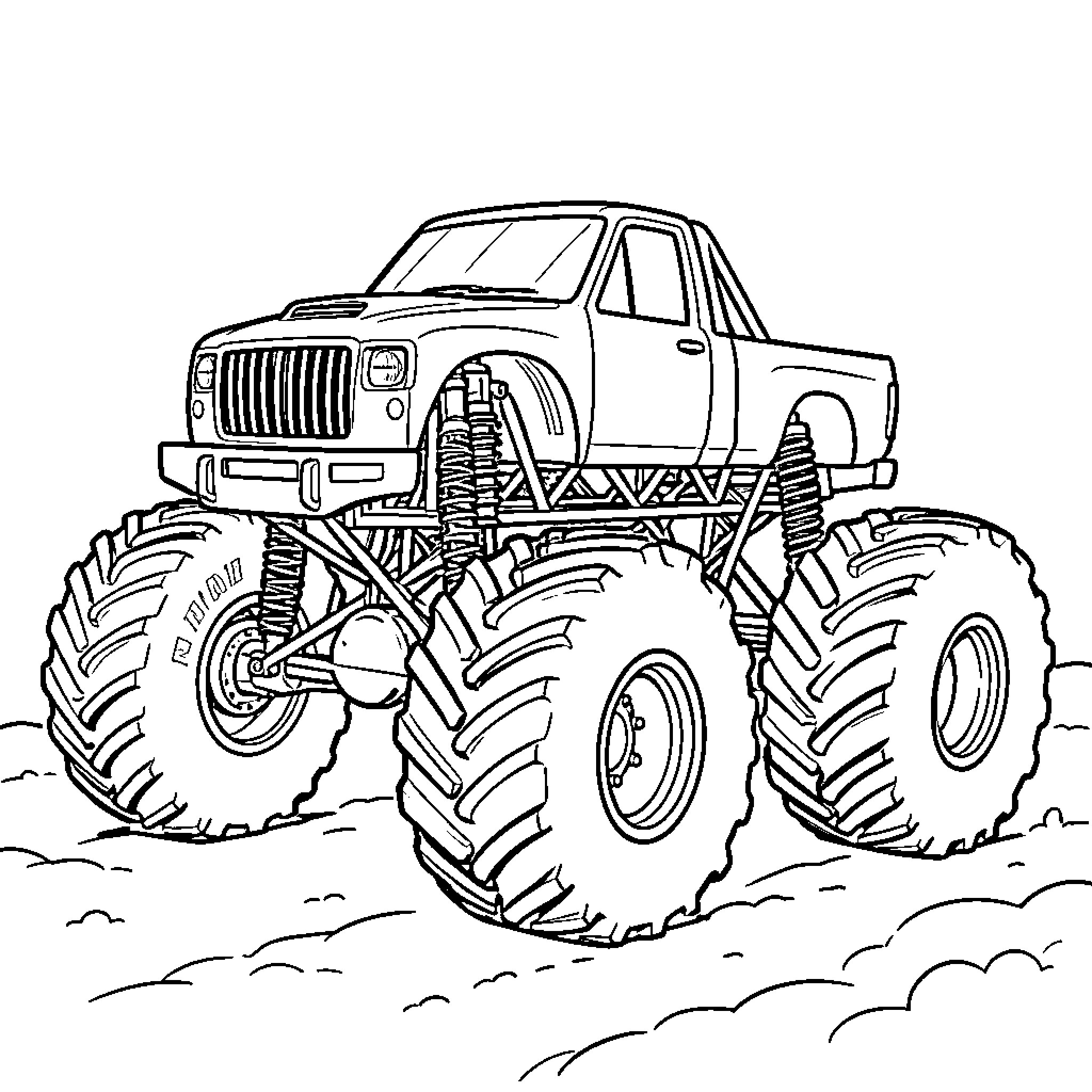 Monster Truck driving over rugged terrain Coloring Page (free black-and-white line drawing printable PDF for all, from beginners to advanced learners, including children, teens, adults, and seniors)