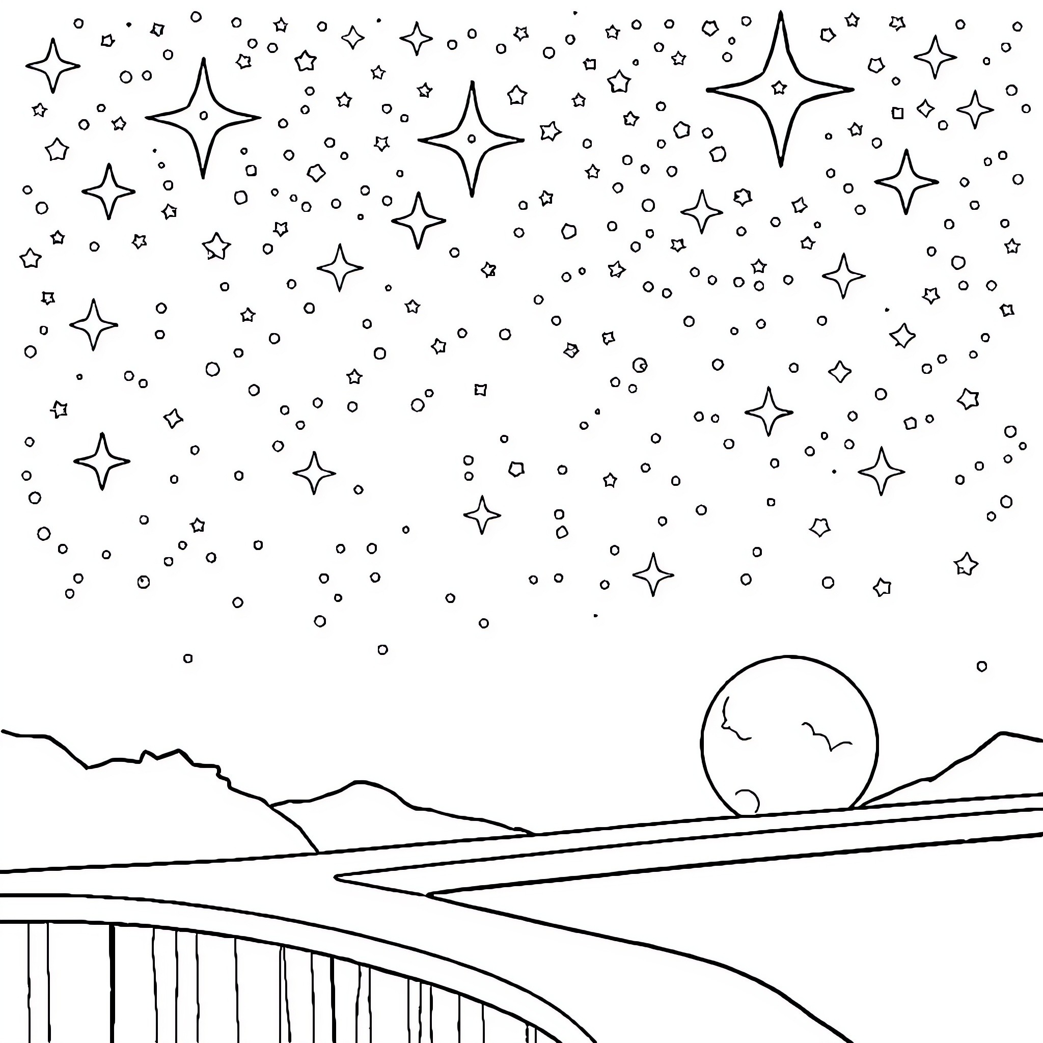 Star-filled Night Sky over Serene Landscape Coloring Page (free black-and-white line drawing printable PDF for all, from beginners to advanced learners, including children, teens, adults, and seniors)
