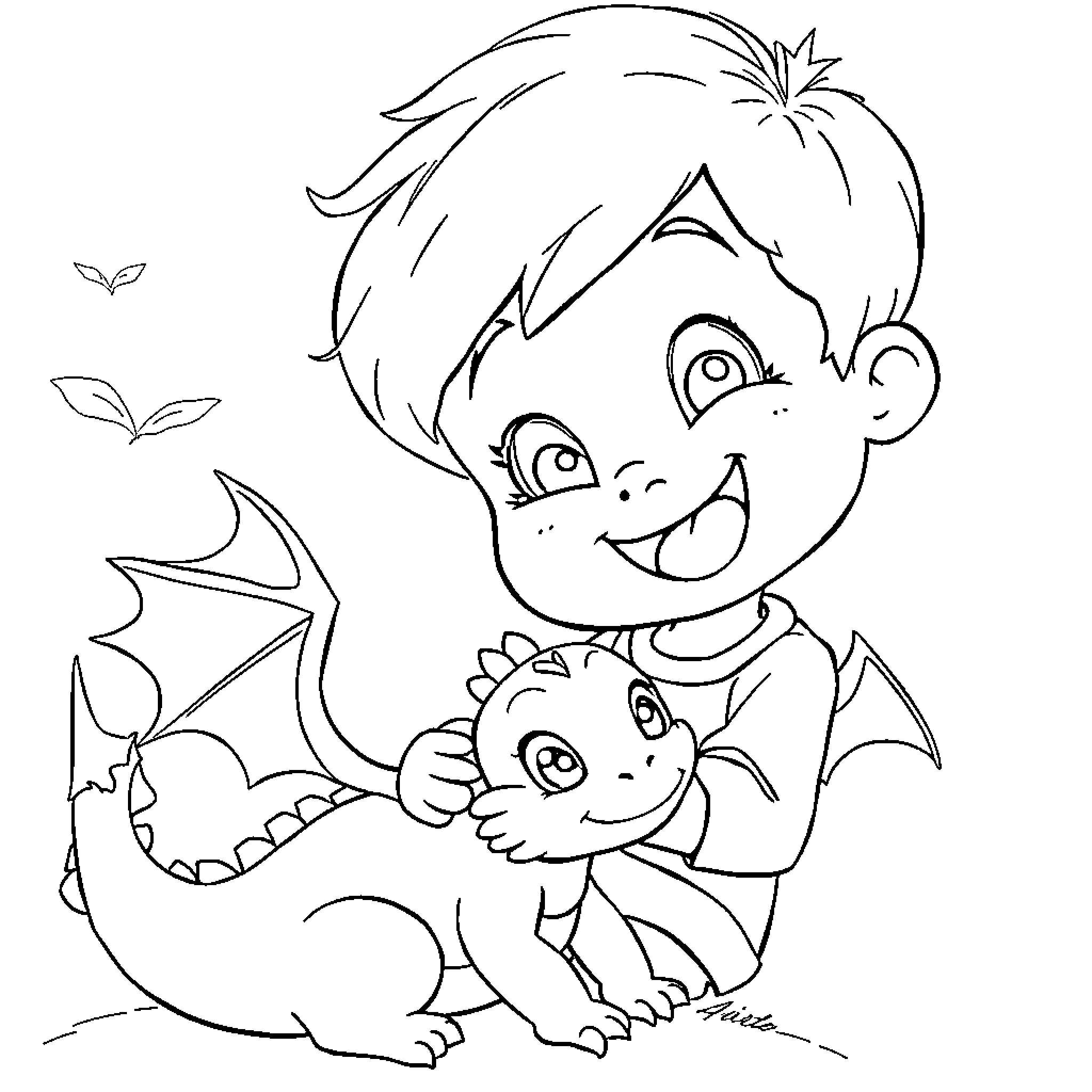 Dragon Boy Playing with Baby Dragon Coloring Page (free black-and-white line drawing printable PDF for all, from beginners to advanced learners, including children, teens, adults, and seniors)