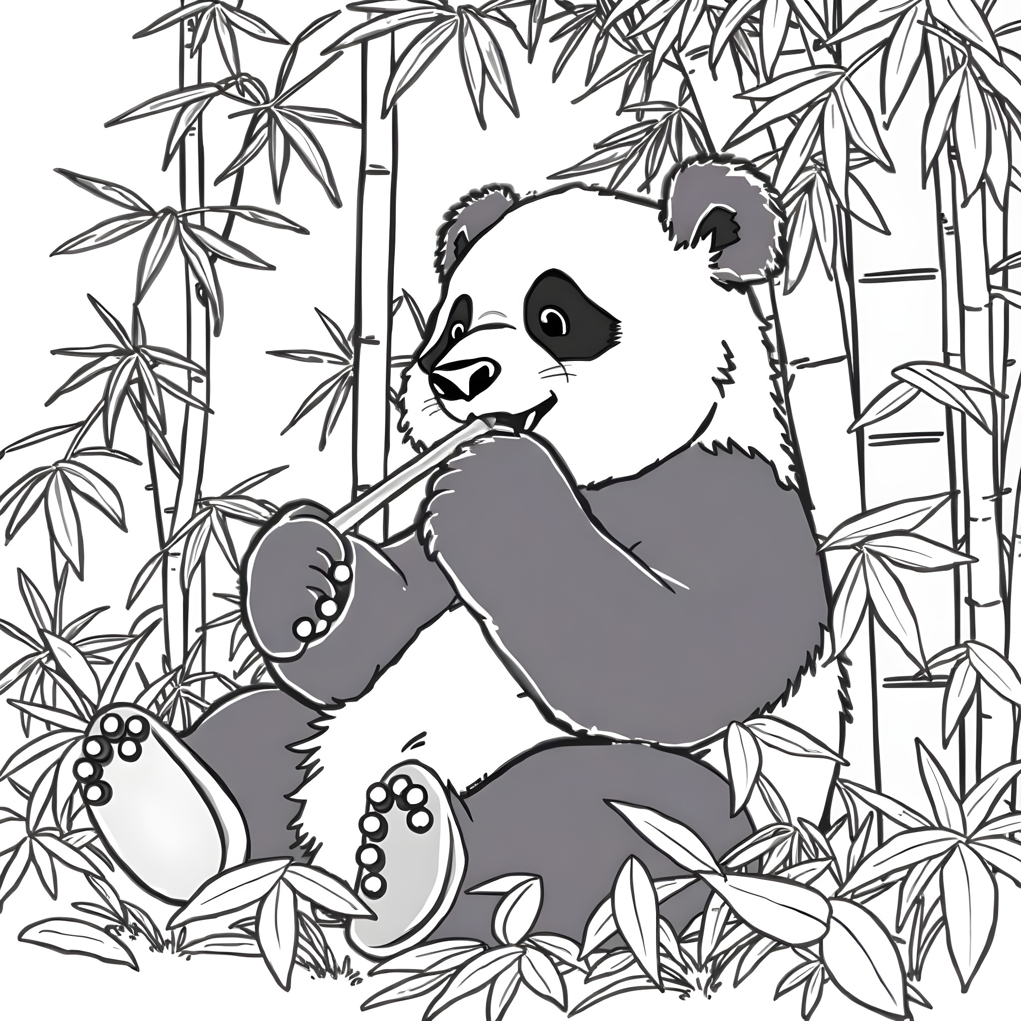 Panda resting peacefully in the bamboo forest Coloring Page (free black-and-white line drawing printable PDF for all, from beginners to advanced learners, including children, teens, adults, and seniors)