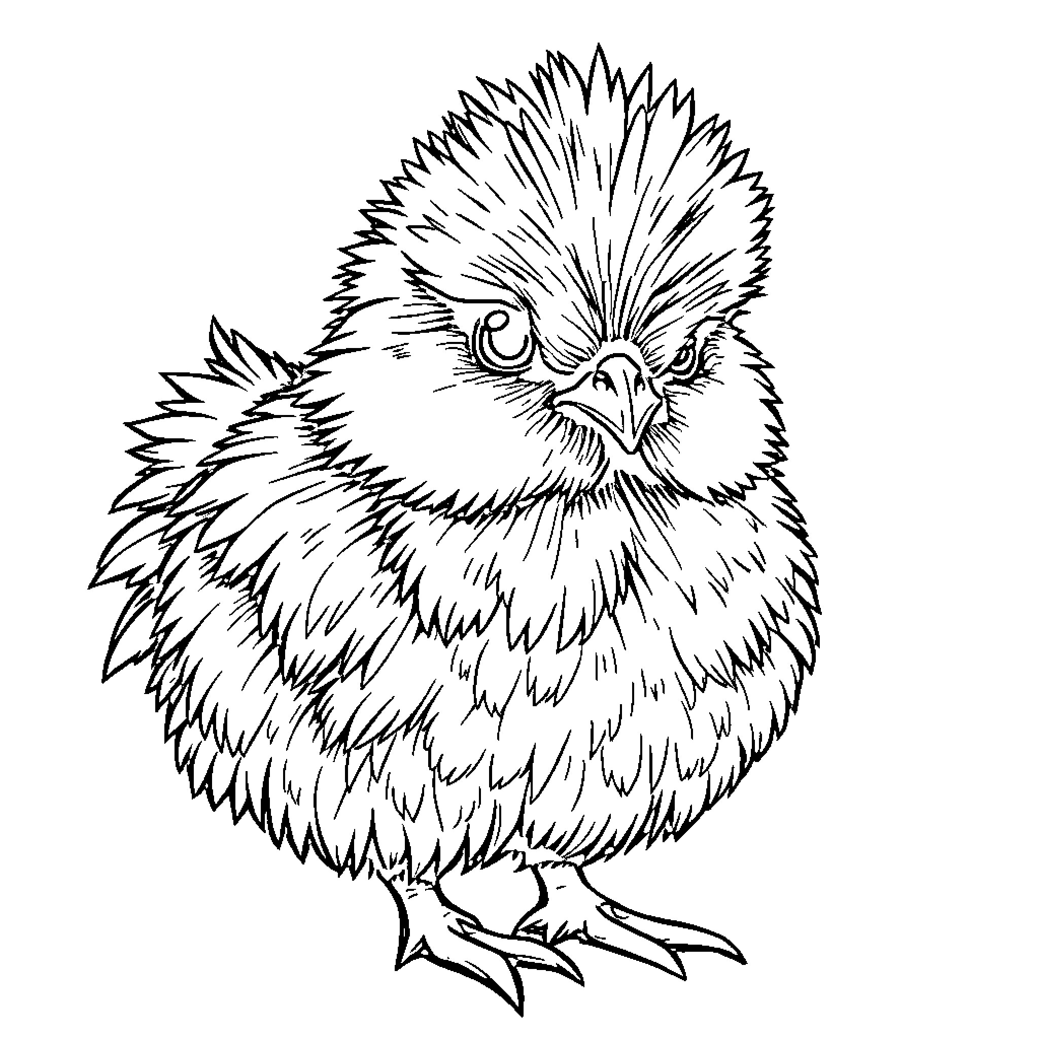 Chicken with fluffy feathers Coloring Page (free black-and-white line drawing printable PDF for all, from beginners to advanced learners, including children, teens, adults, and seniors)
