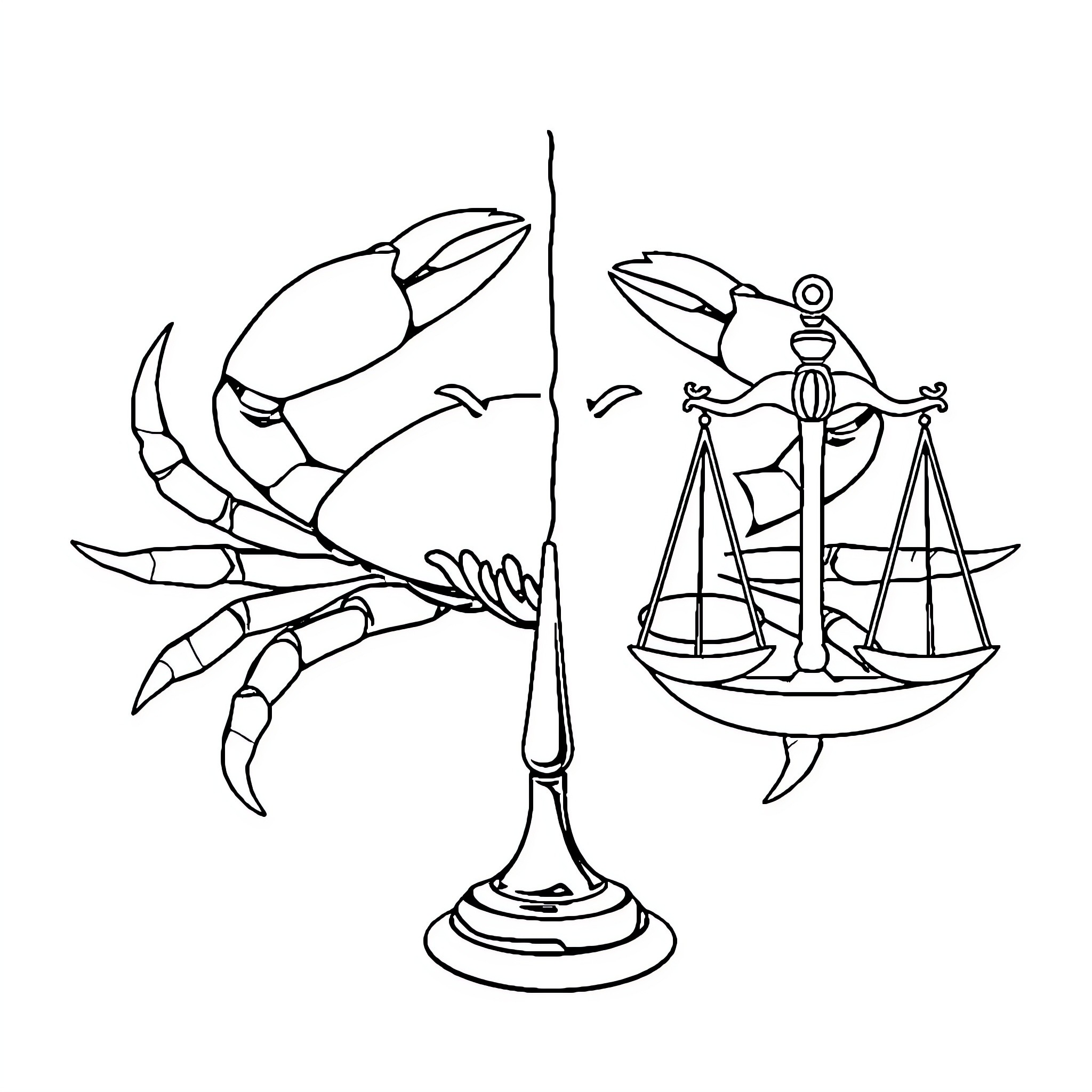 Zodiac Scales and Crab Silhouettes Coloring Page (free black-and-white line drawing printable PDF for all, from beginners to advanced learners, including children, teens, adults, and seniors)