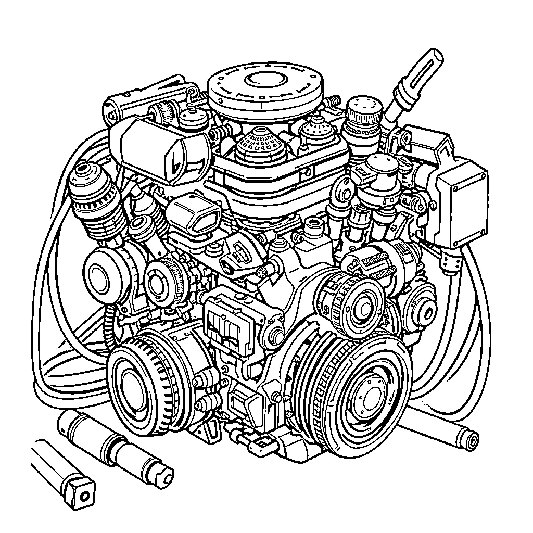 Motor Vehicle Engine Cutaway Diagram Coloring Page (free black-and-white line drawing printable PDF for all, from beginners to advanced learners, including children, teens, adults, and seniors)