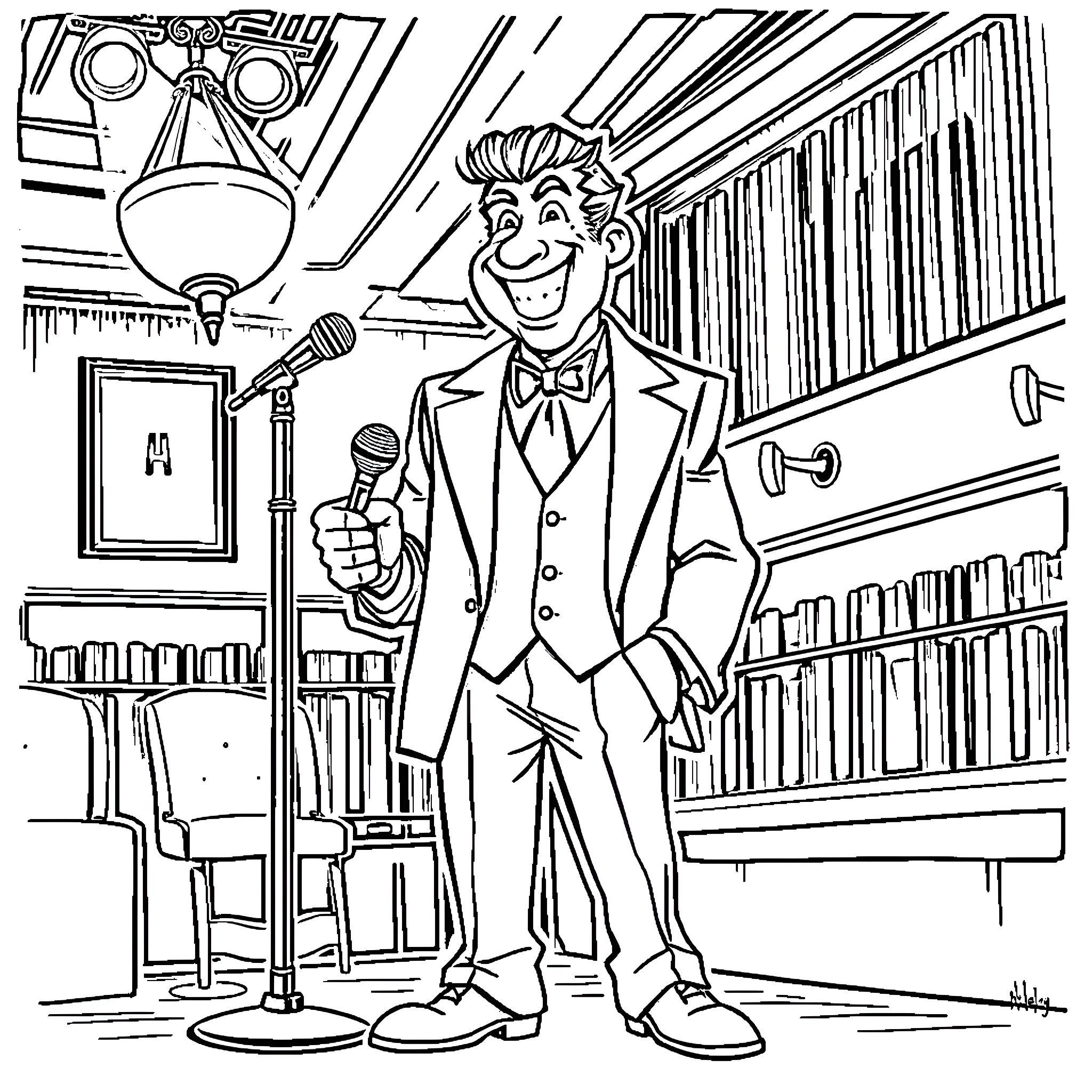 Alastor's entertaining performance in a library setting Coloring Page (free black-and-white line drawing printable PDF for all, from beginners to advanced learners, including children, teens, adults, and seniors)