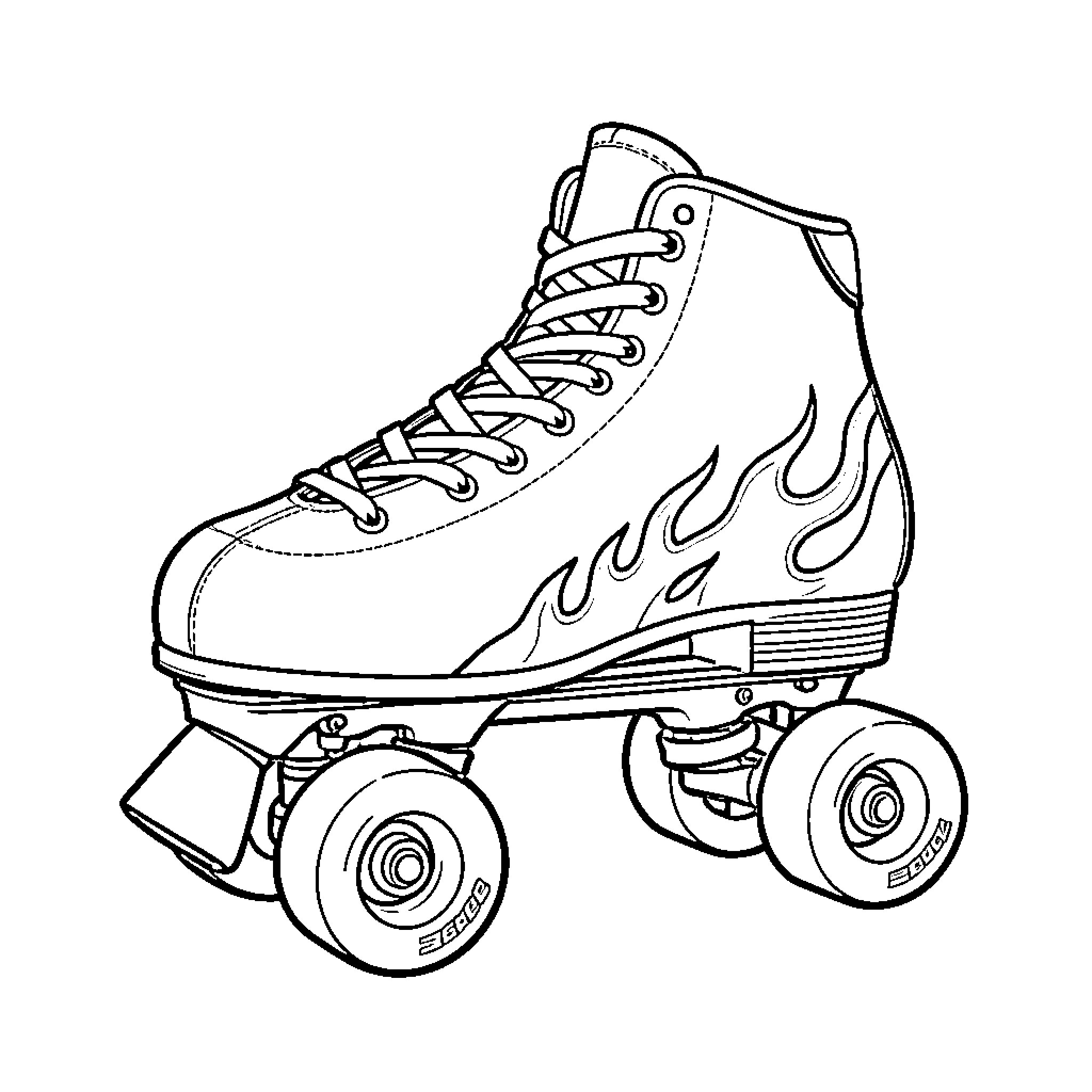 Skate with Flames and Wheels Coloring Page (free black-and-white line drawing printable PDF for all, from beginners to advanced learners, including children, teens, adults, and seniors)