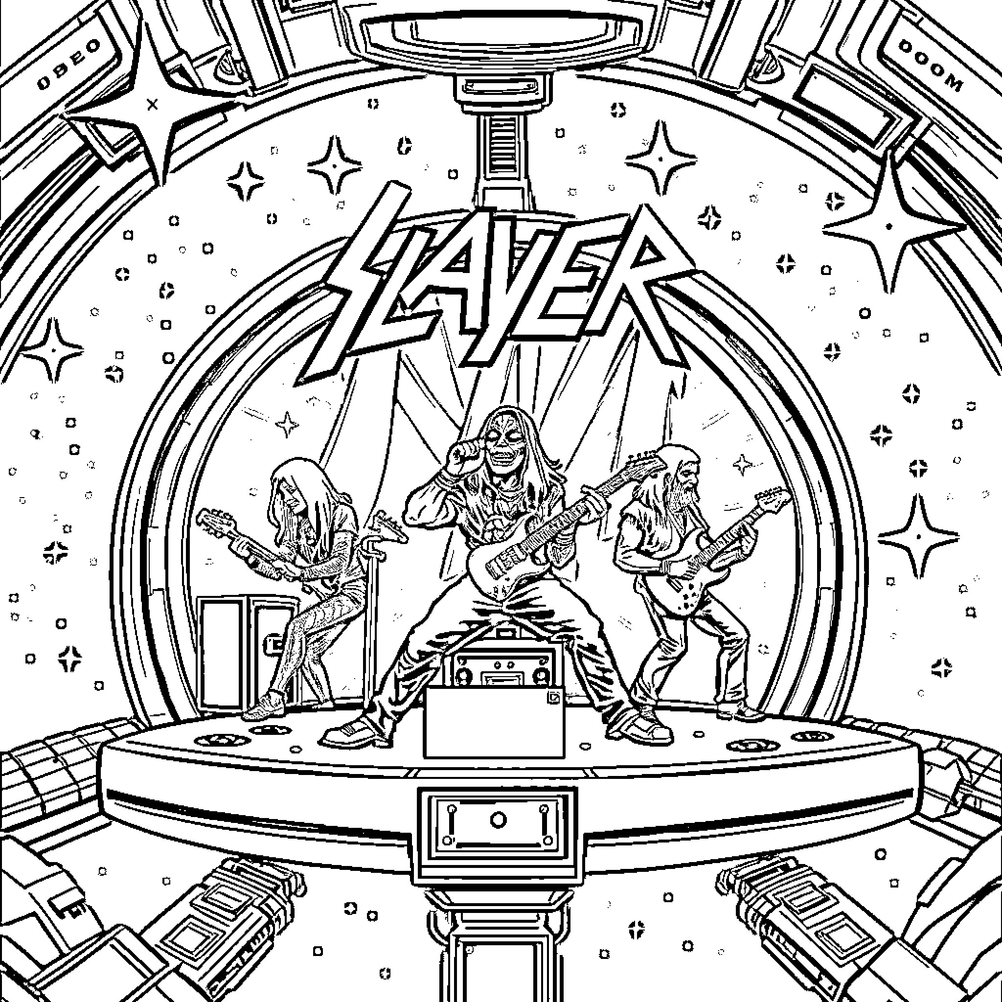 Slayer Performing on Stage with Intensity Coloring Page (free black-and-white line drawing printable PDF for all, from beginners to advanced learners, including children, teens, adults, and seniors)