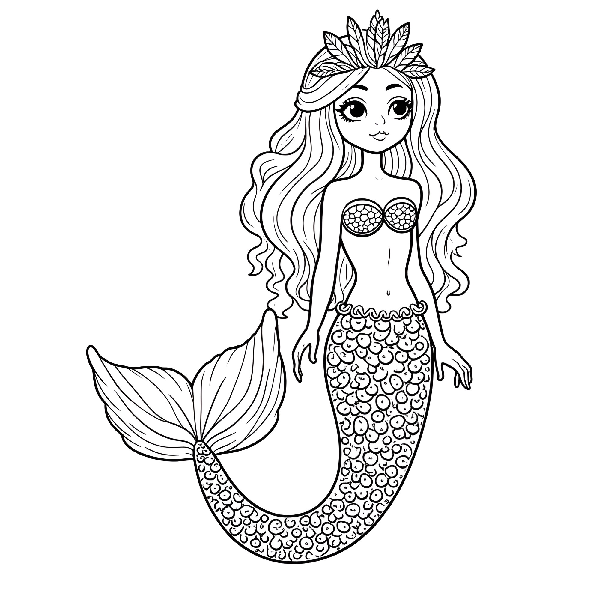 Mermaid with long hair and crown swimming gracefully Coloring Page (free black-and-white line drawing printable PDF for all, from beginners to advanced learners, including children, teens, adults, and seniors)