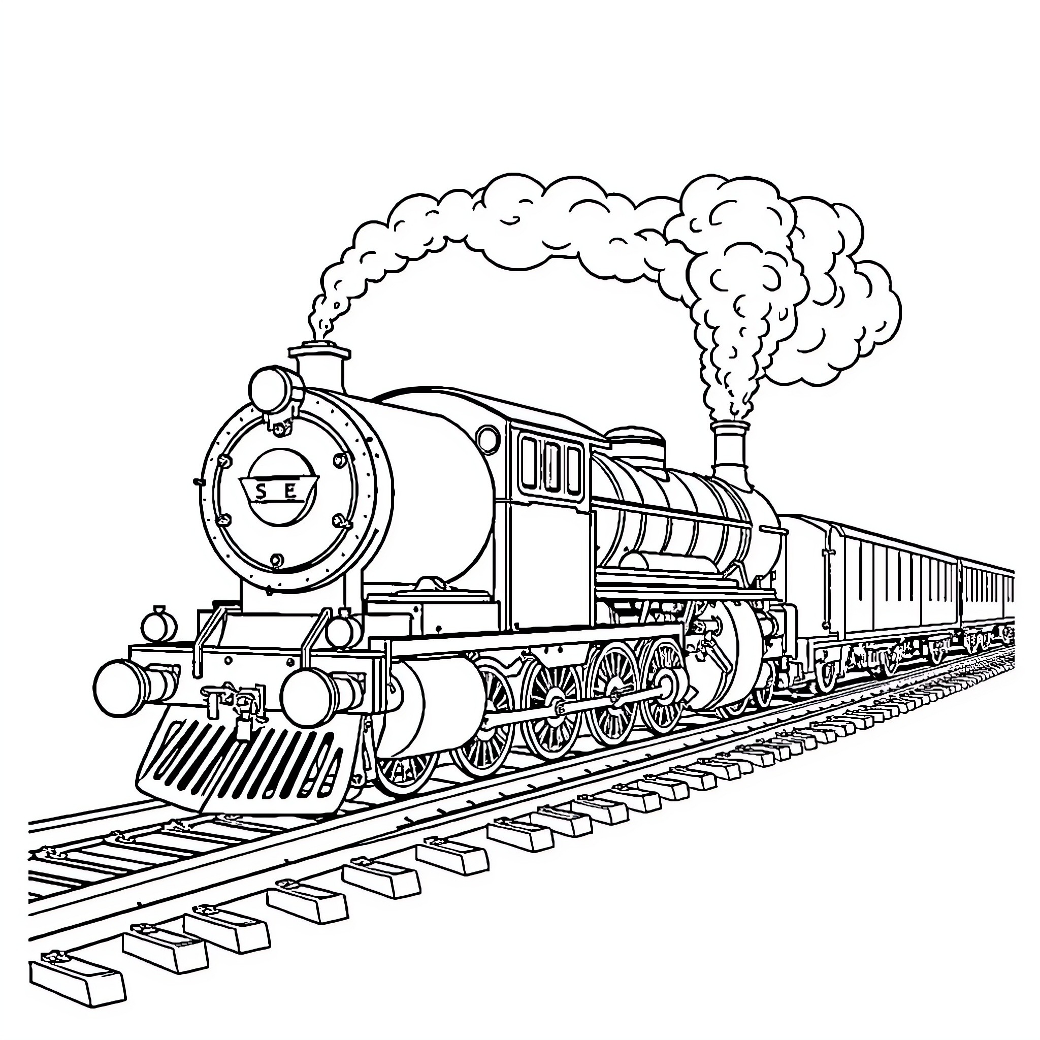 Train Engine Pulling Carriages at Full Steam Coloring Page (free black-and-white line drawing printable PDF for all, from beginners to advanced learners, including children, teens, adults, and seniors)