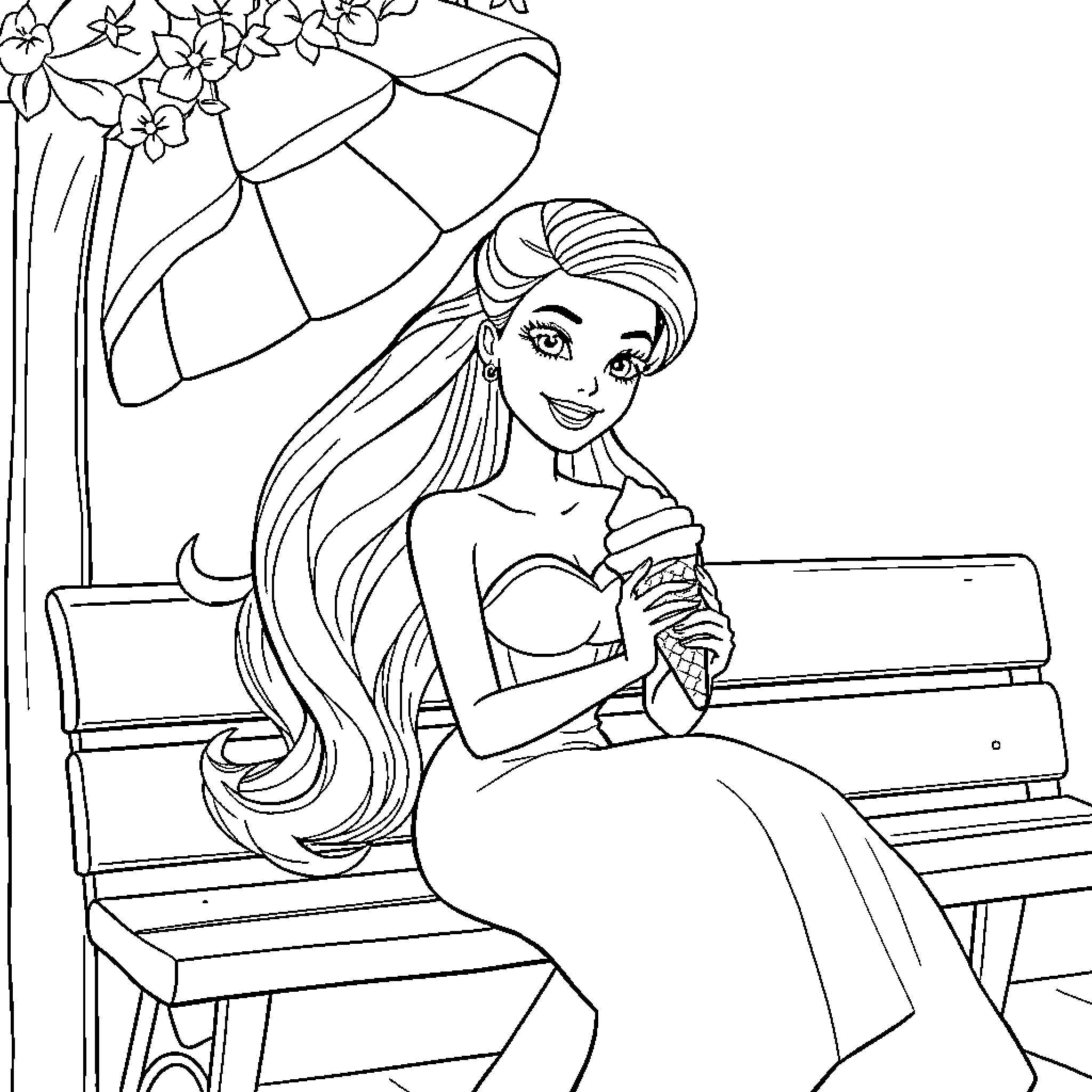 Barbie resting peacefully on a bench under the flowers Coloring Page (free black-and-white line drawing printable PDF for all, from beginners to advanced learners, including children, teens, adults, and seniors)