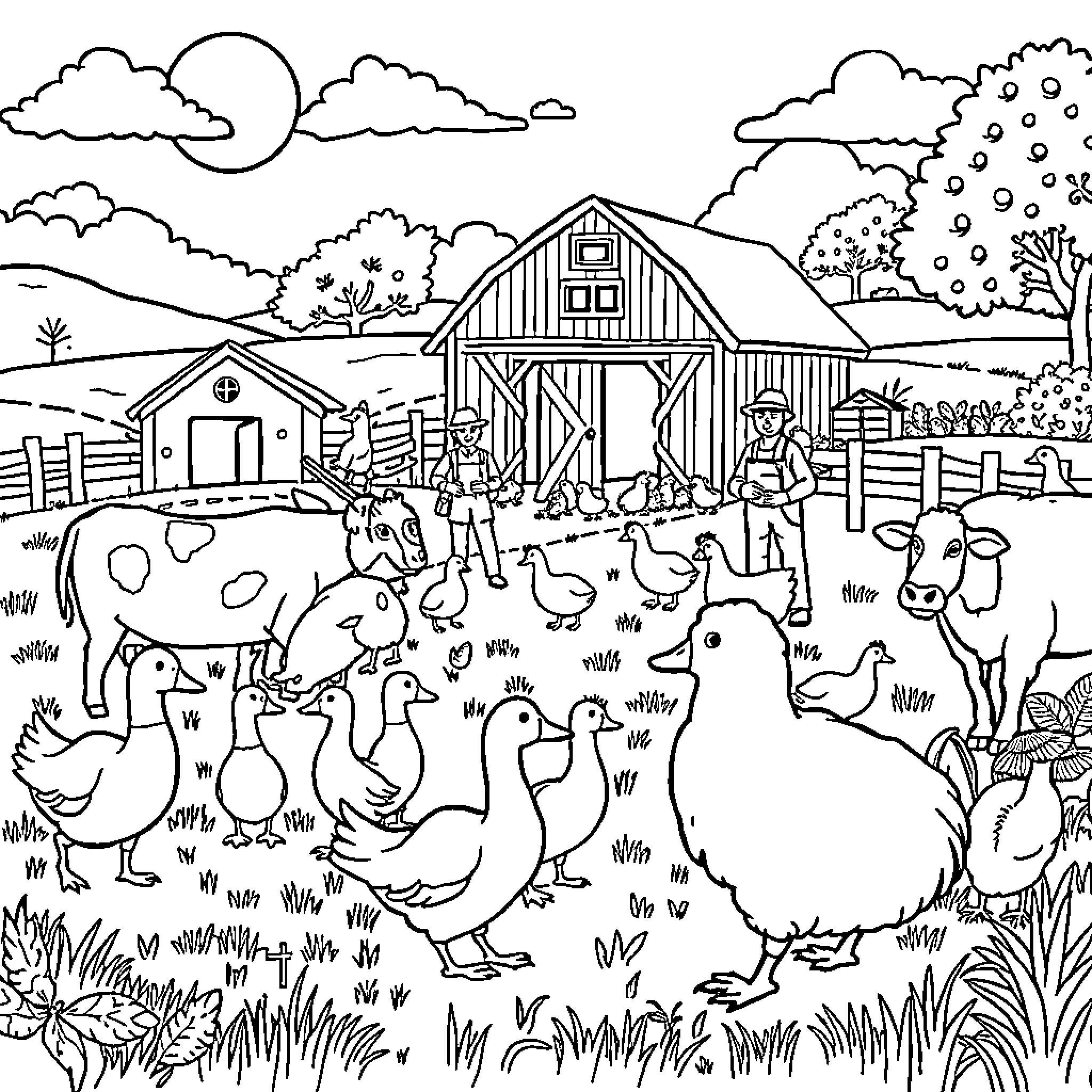 Farm animals and barn scene in countryside Coloring Page (free black-and-white line drawing printable PDF for all, from beginners to advanced learners, including children, teens, adults, and seniors)