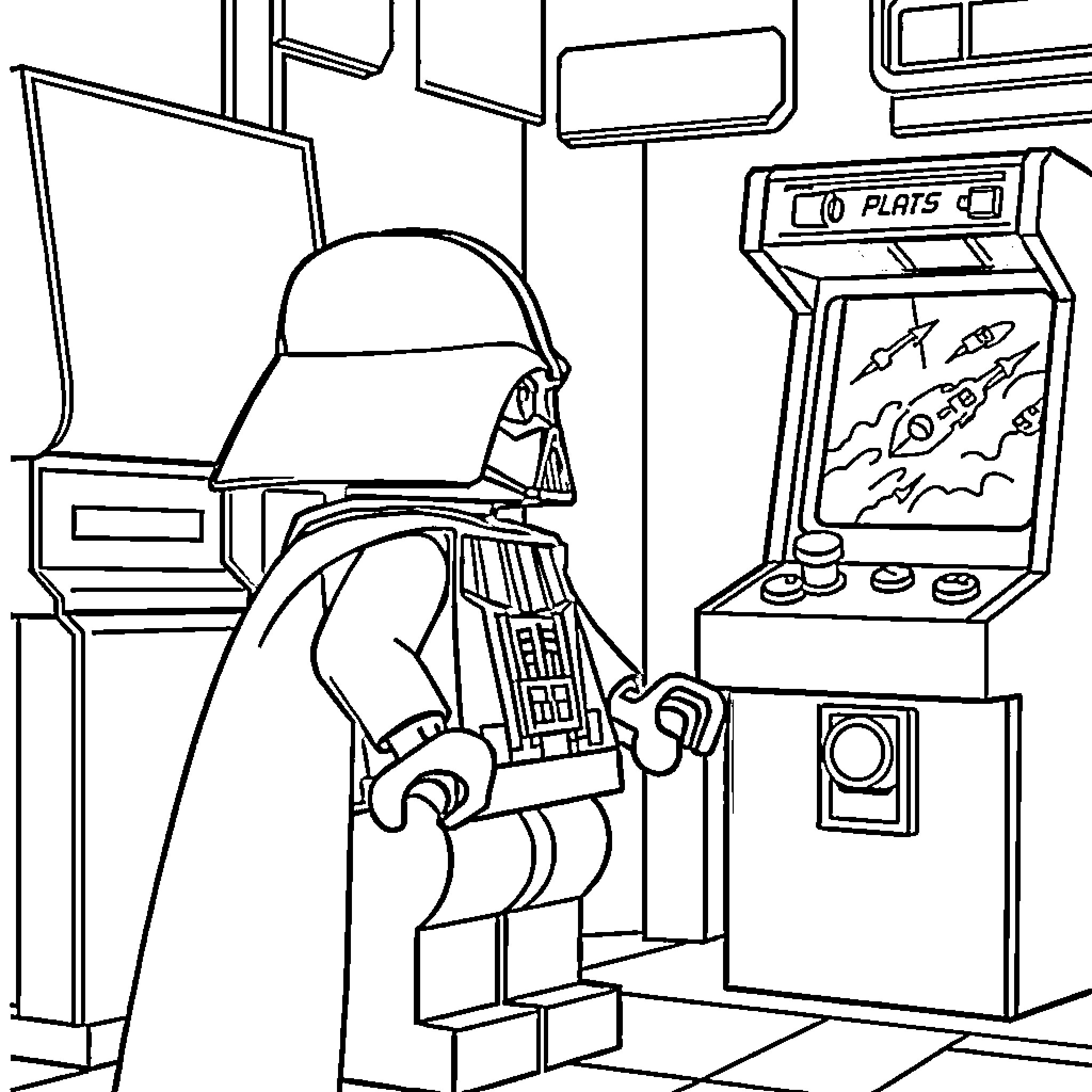 LEGO Darth Vader playing video game in arcade Coloring Page (free black-and-white line drawing printable PDF for all, from beginners to advanced learners, including children, teens, adults, and seniors)