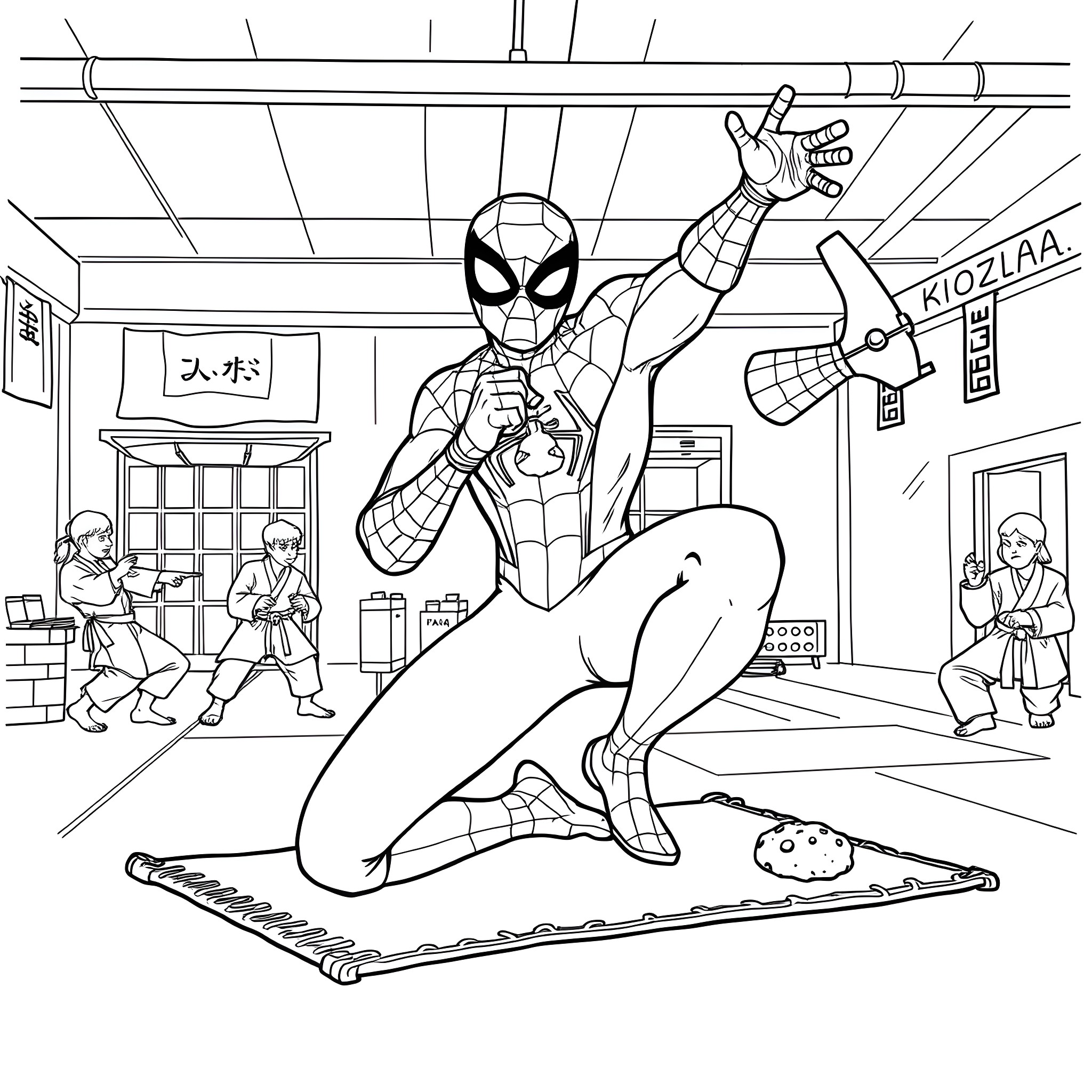 Spider-Man swinging into action in the city Coloring Page (free black-and-white line drawing printable PDF for all, from beginners to advanced learners, including children, teens, adults, and seniors)
