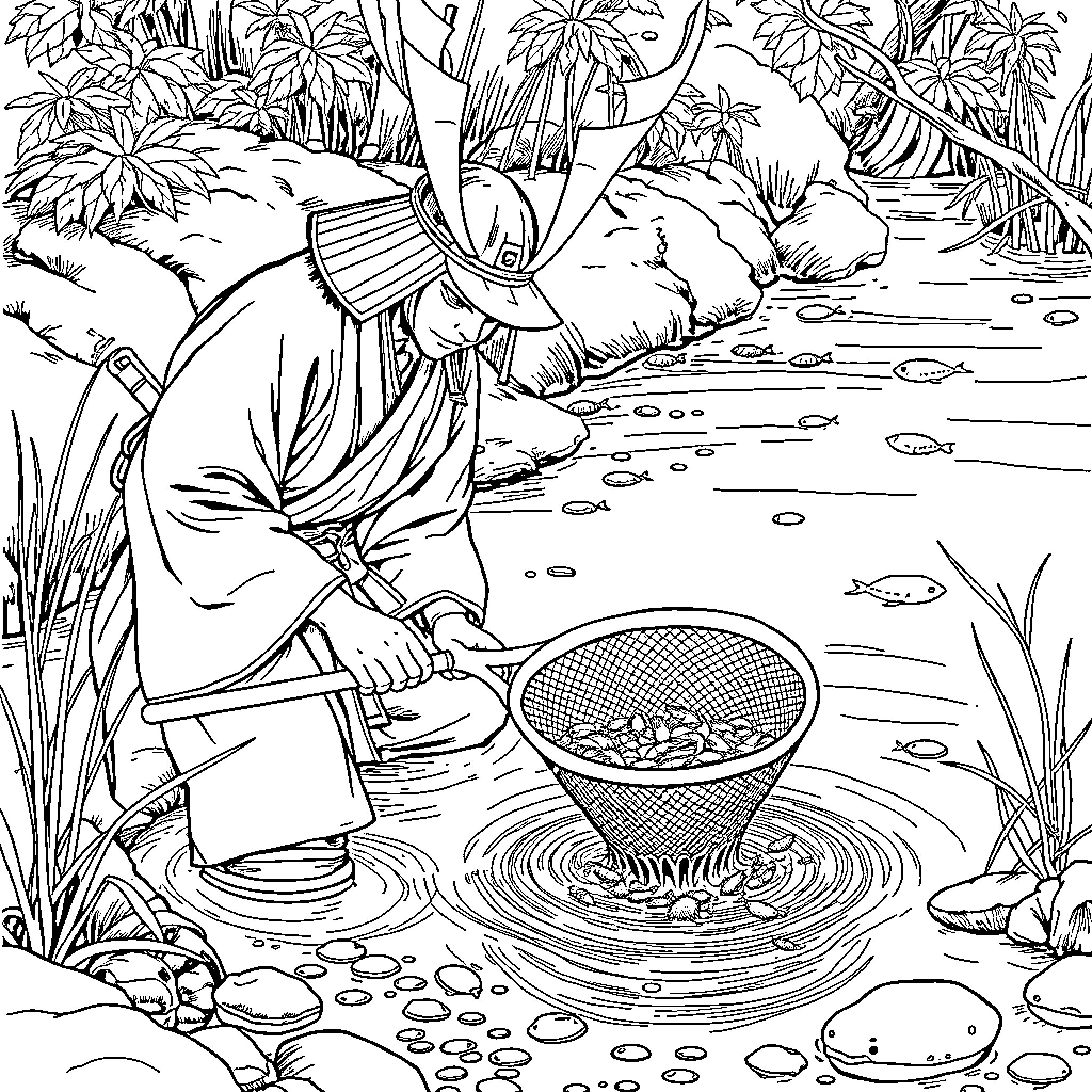 Samurai Fishing in Tranquil Pond Coloring Page (free black-and-white line drawing printable PDF for all, from beginners to advanced learners, including children, teens, adults, and seniors)