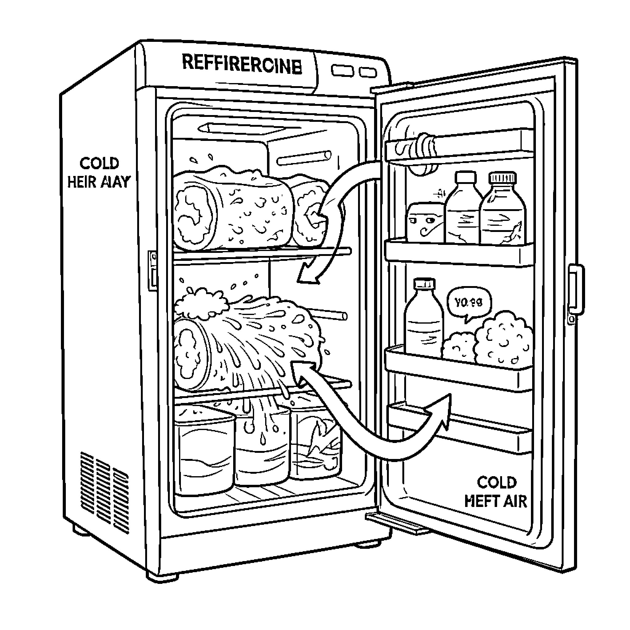 Refrigeration Cycle showing liquid and gas movement inside Coloring Page (free black-and-white line drawing printable PDF for all, from beginners to advanced learners, including children, teens, adults, and seniors)