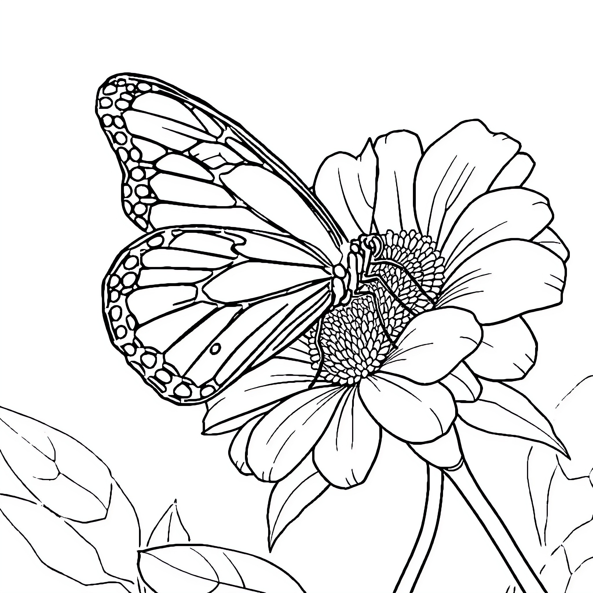 Butterfly resting on delicate flower Coloring Page (free black-and-white line drawing printable PDF for all, from beginners to advanced learners, including children, teens, adults, and seniors)
