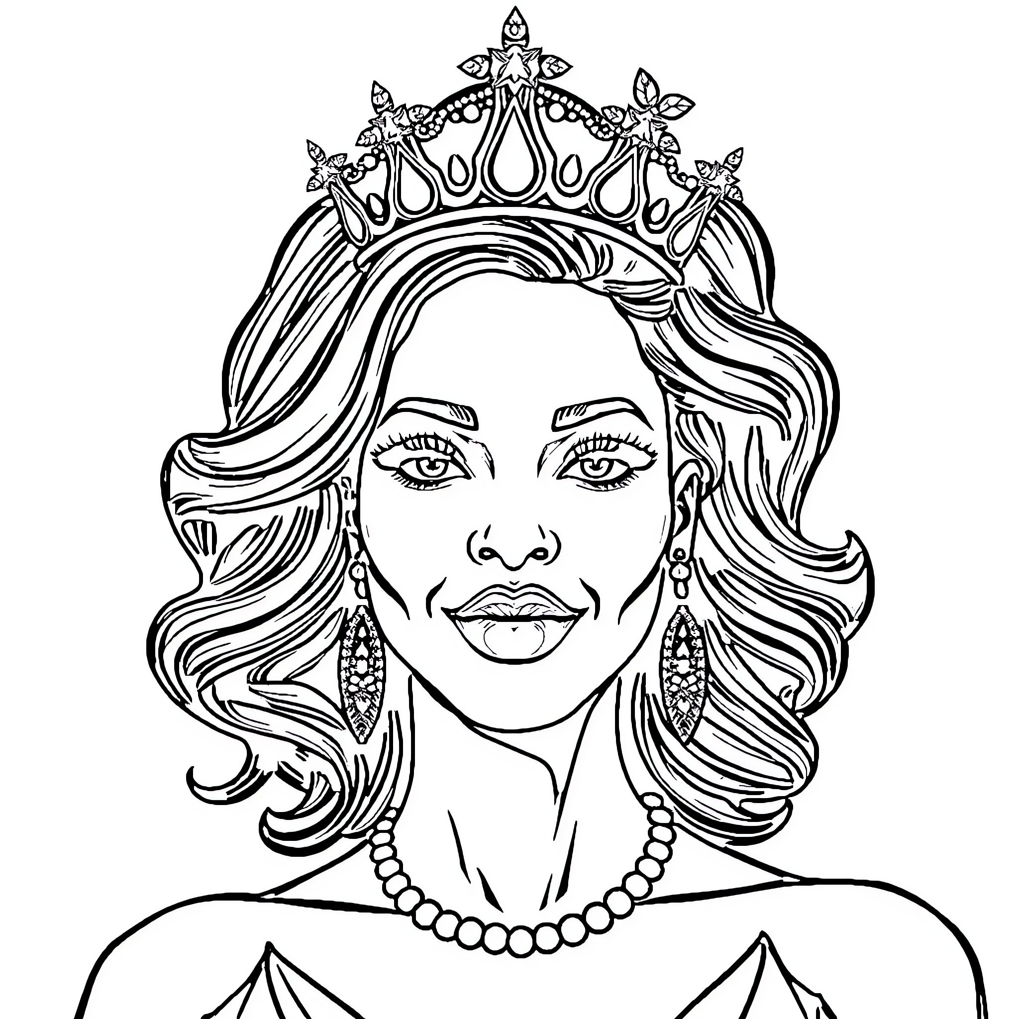 Woman wearing ornate crown and jewelry Coloring Page (free black-and-white line drawing printable PDF for all, from beginners to advanced learners, including children, teens, adults, and seniors)