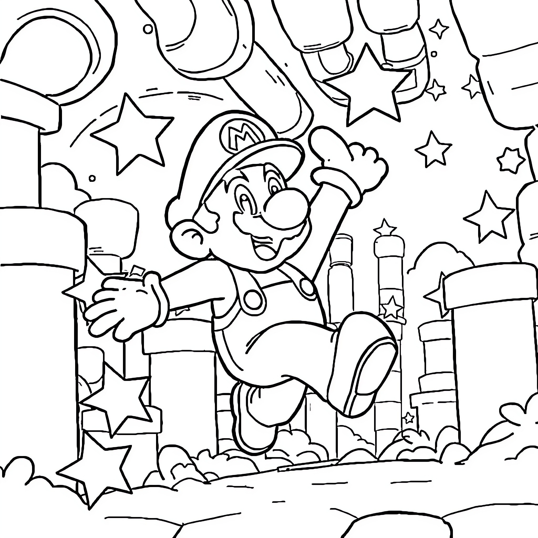 Super Mario Jumping Joyfully with Stars Coloring Page (free black-and-white line drawing printable PDF for all, from beginners to advanced learners, including children, teens, adults, and seniors)