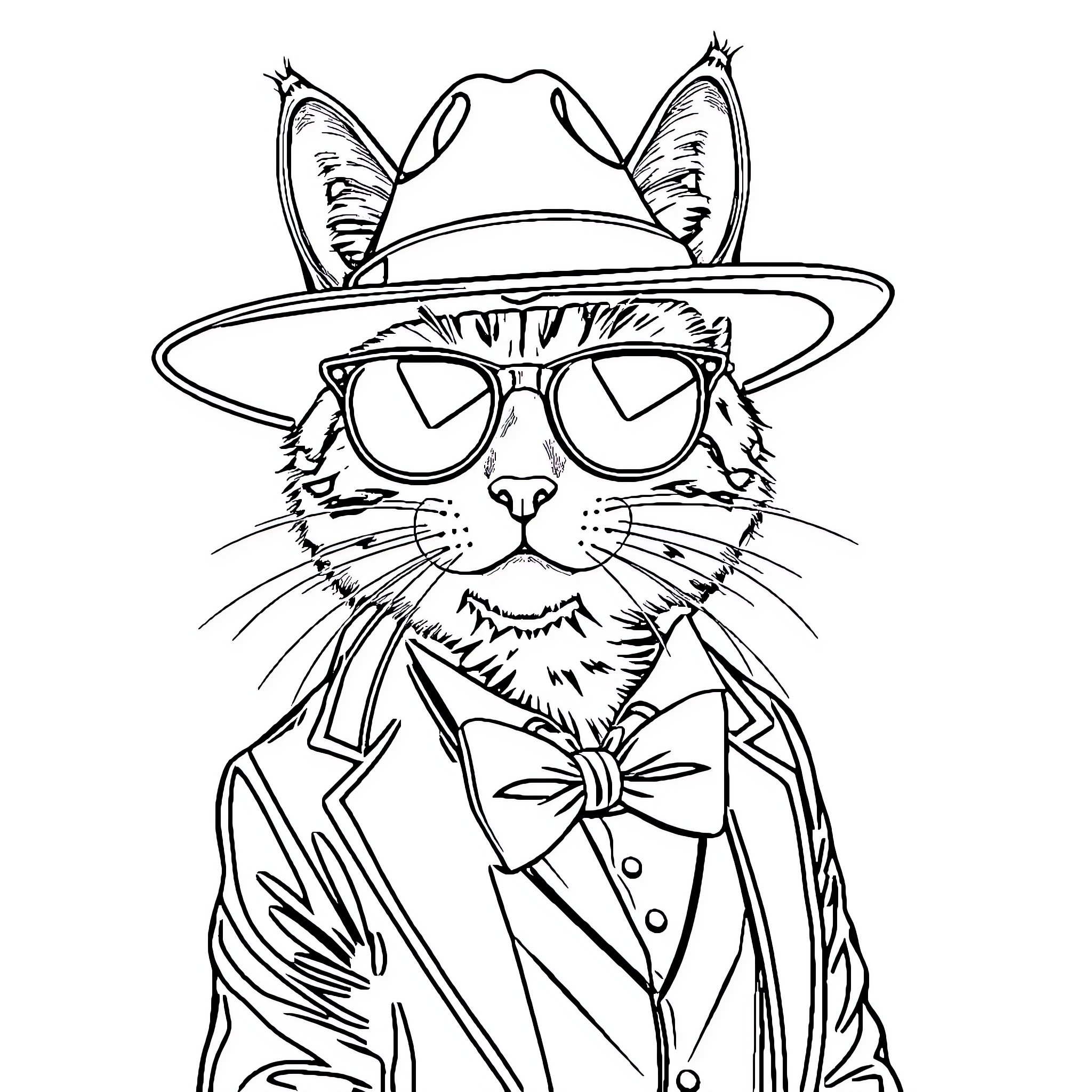 Gato wearing a stylish hat and sunglasses Coloring Page (free black-and-white line drawing printable PDF for all, from beginners to advanced learners, including children, teens, adults, and seniors)