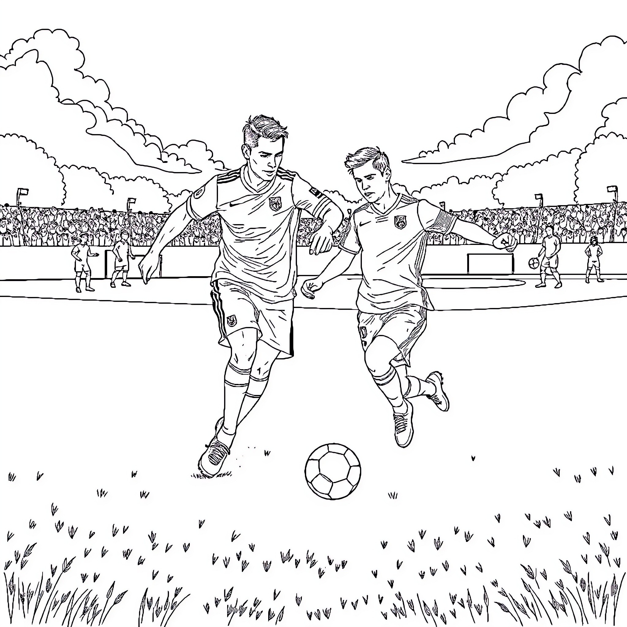 Cristiano Ronaldo Competing with Teammate on Soccer Field Coloring Page (free black-and-white line drawing printable PDF for all, from beginners to advanced learners, including children, teens, adults, and seniors)