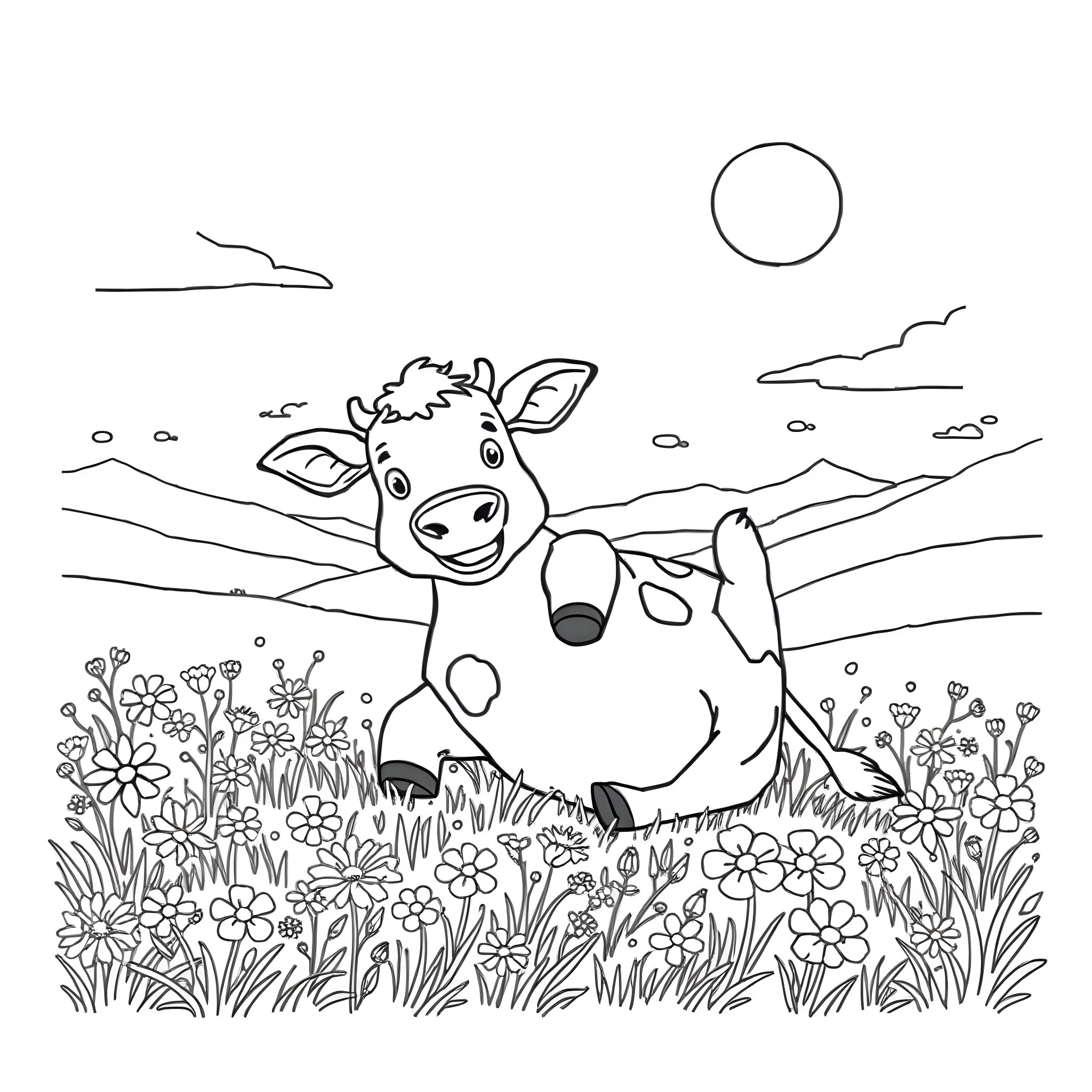 Cow playing happily in the meadow Coloring Page (free black-and-white line drawing printable PDF for all, from beginners to advanced learners, including children, teens, adults, and seniors)