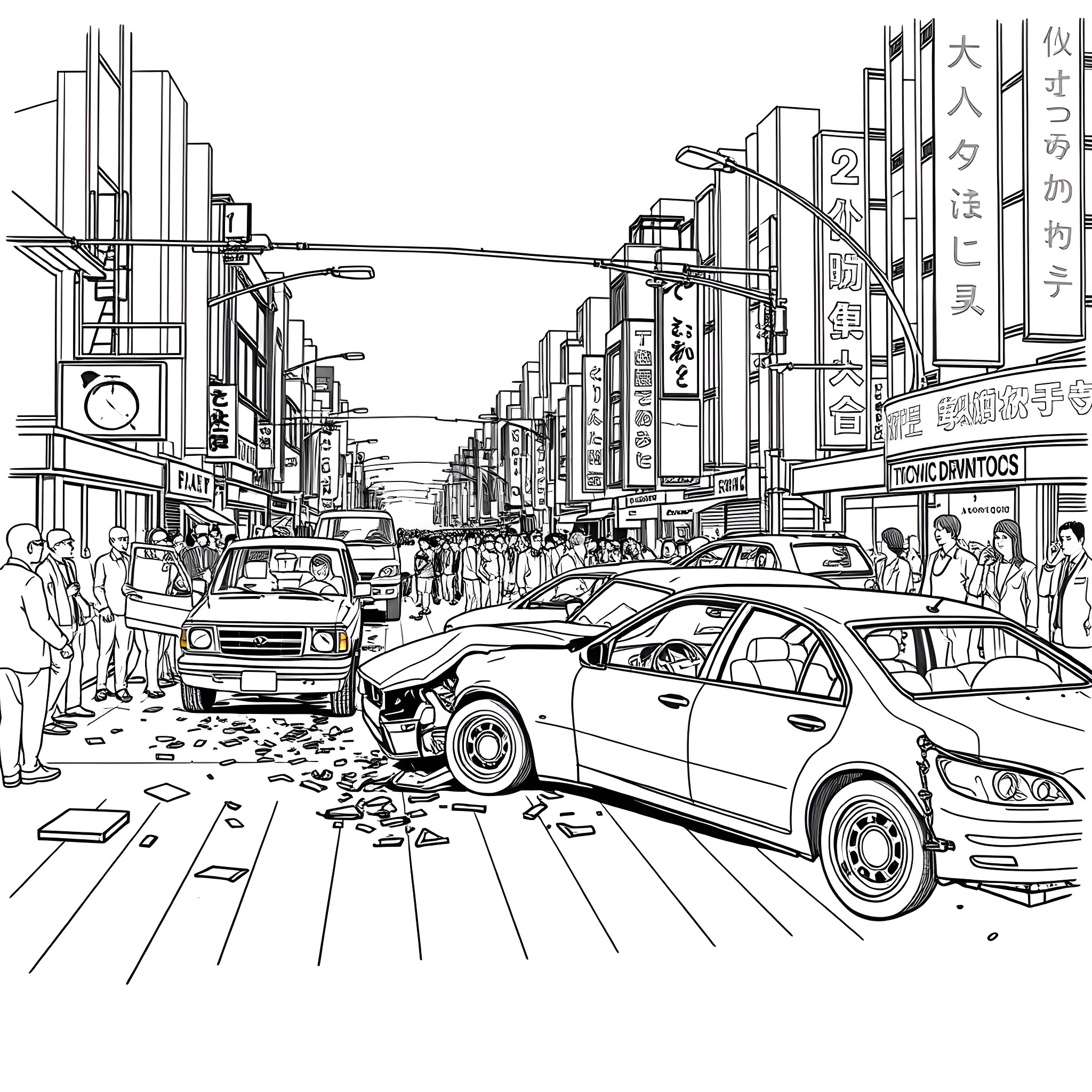 Car crash in busy city street Coloring Page (free black-and-white line drawing printable PDF for all, from beginners to advanced learners, including children, teens, adults, and seniors)