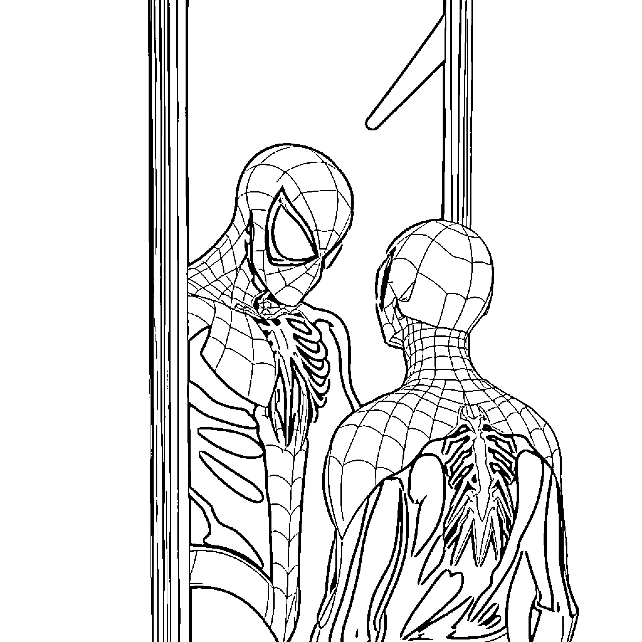 Spider-Man heroes climbing up a skyscraper Coloring Page (free black-and-white line drawing printable PDF for all, from beginners to advanced learners, including children, teens, adults, and seniors)