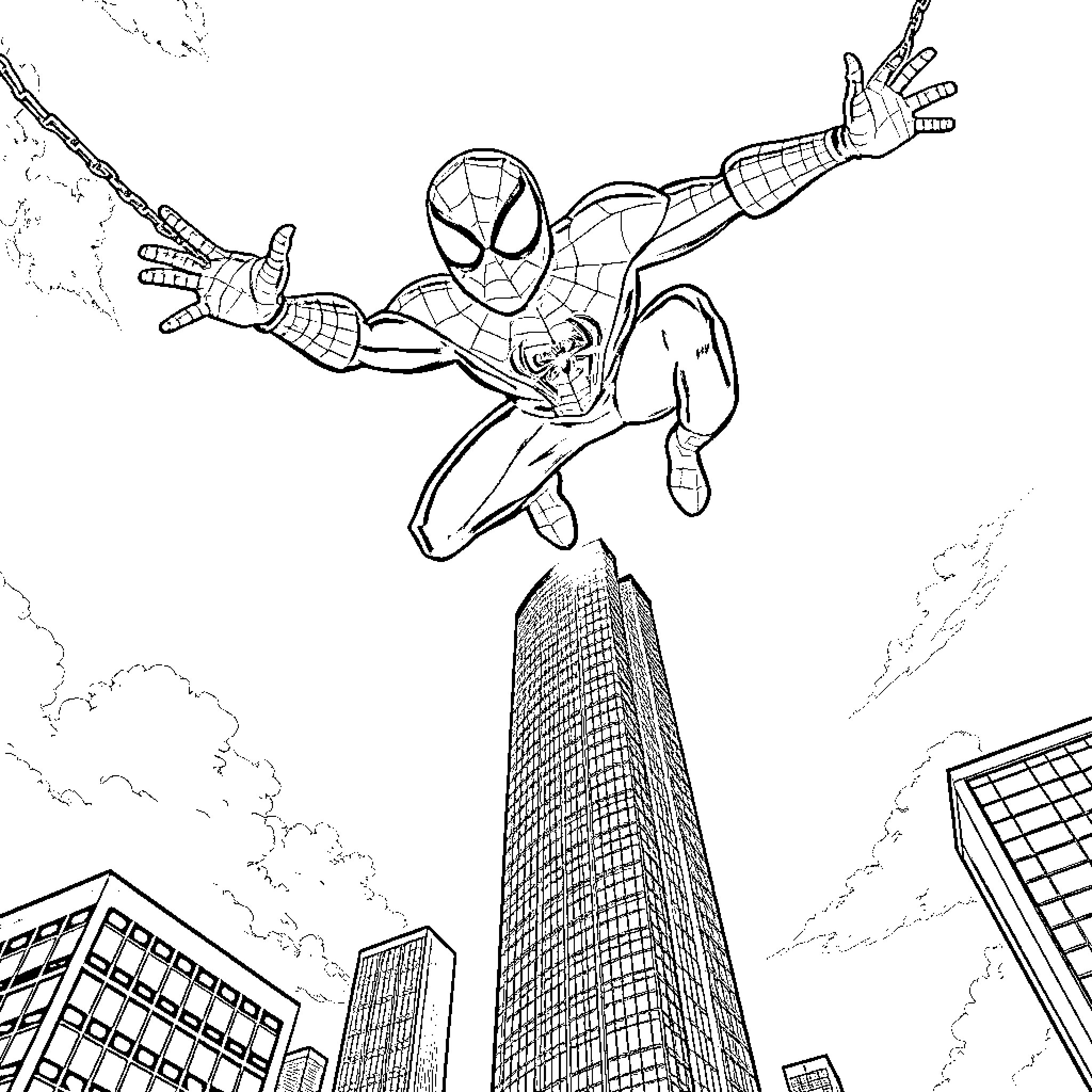 Spiderman swinging heroically through the city skyline Coloring Page (free black-and-white line drawing printable PDF for all, from beginners to advanced learners, including children, teens, adults, and seniors)