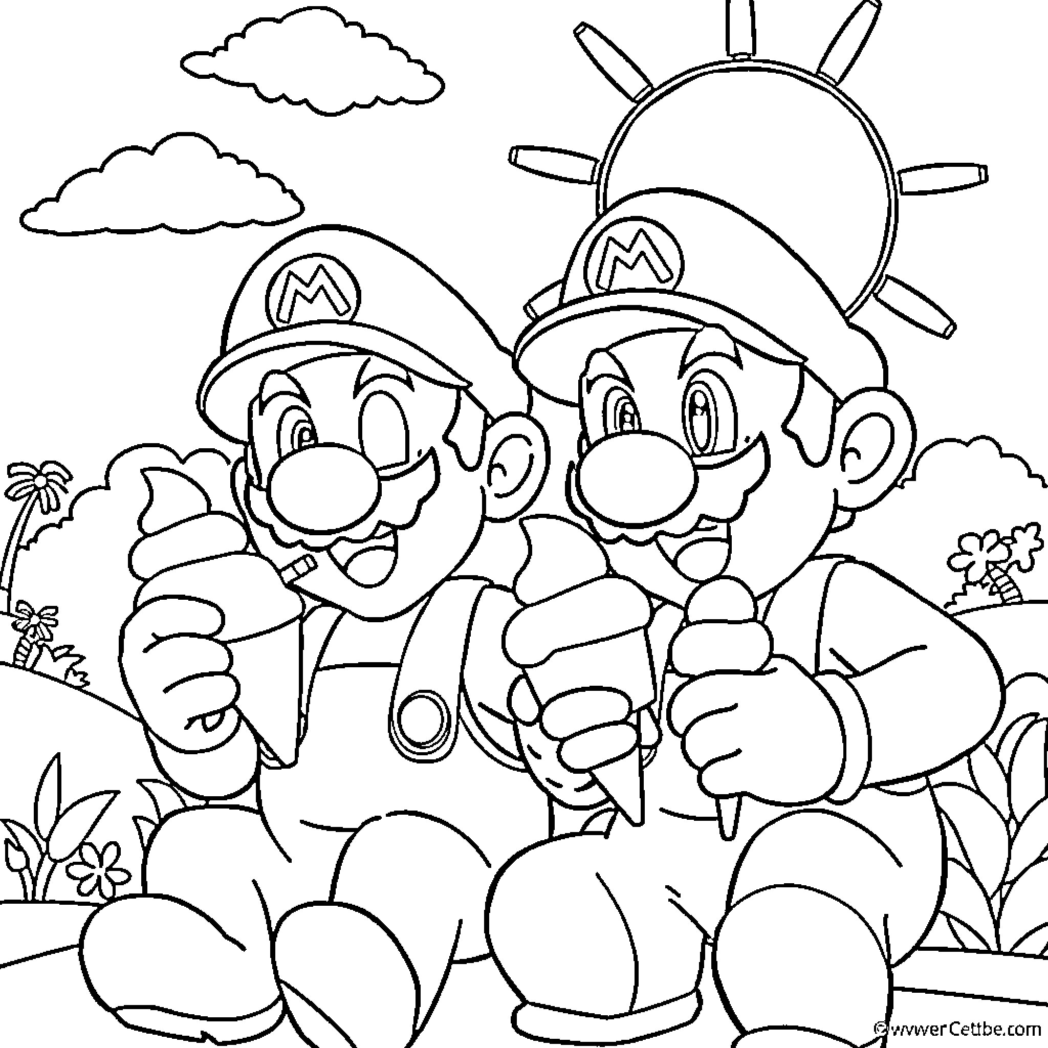 Mario and Luigi Exploring the Outdoors Coloring Page (free black-and-white line drawing printable PDF for all, from beginners to advanced learners, including children, teens, adults, and seniors)