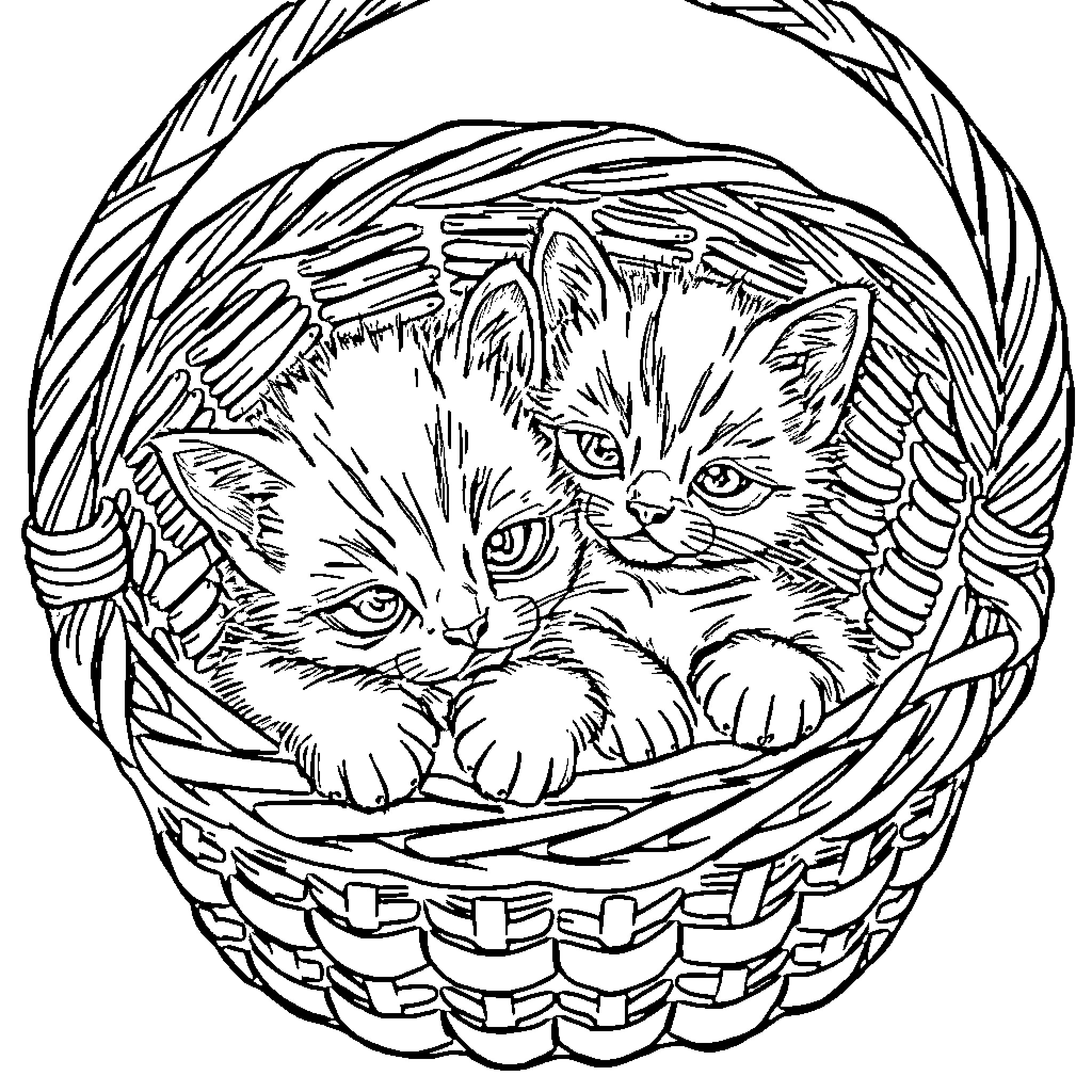 Kittens playing together in a woven basket Coloring Page (free black-and-white line drawing printable PDF for all, from beginners to advanced learners, including children, teens, adults, and seniors)
